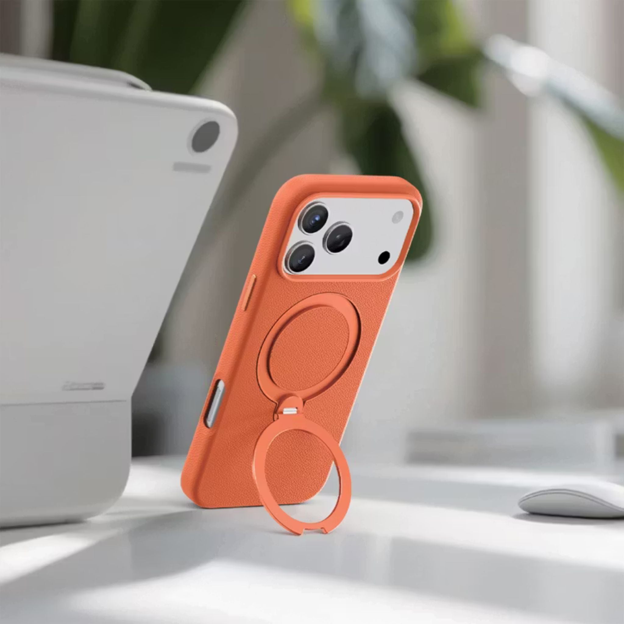 Green Lion Minster Leather MagSafe Case with Foldable Stand Design for iPhone 17 Pro Max, Anti-Fingerprint, 360° Rotatable Stand, Anti-Scratch, Camera Protection, Comfortable Grip - Orange