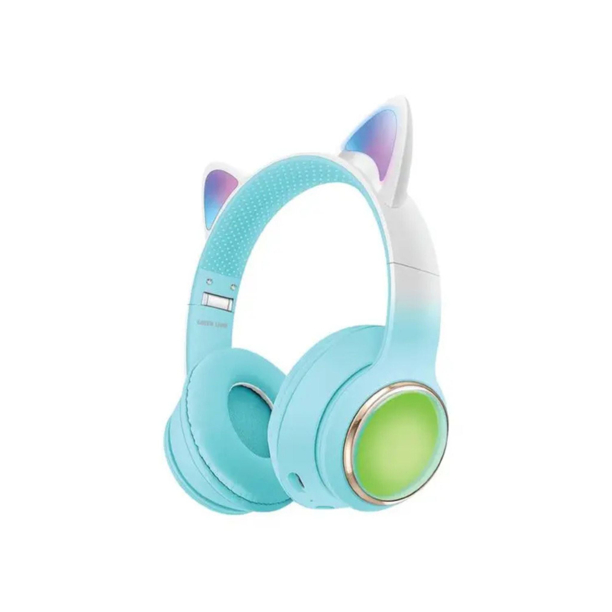 Kids wireless headphones in blue with cat-like ears, featuring a charging indicator and volume control.