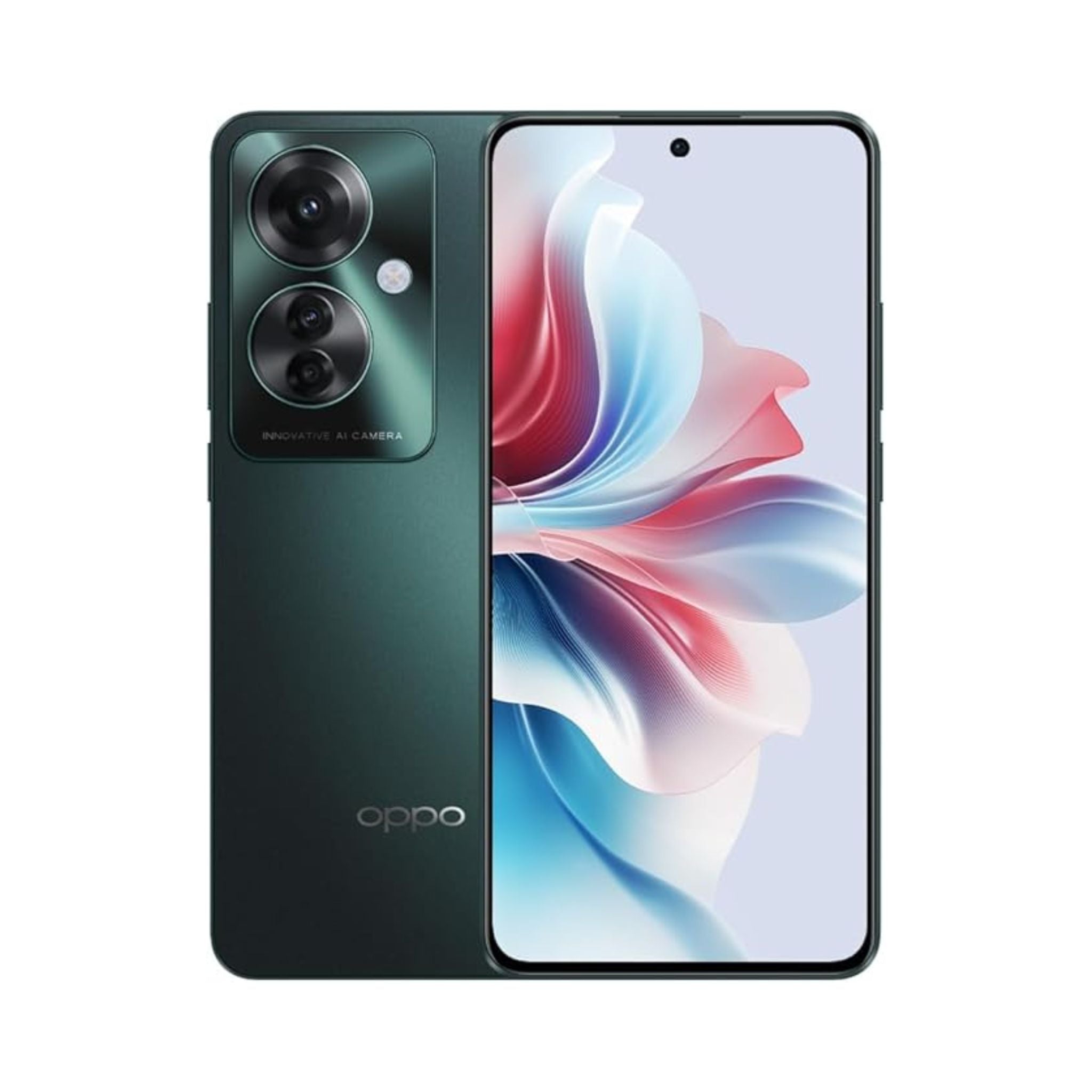 Oppo smartphone showing front and back on a white background