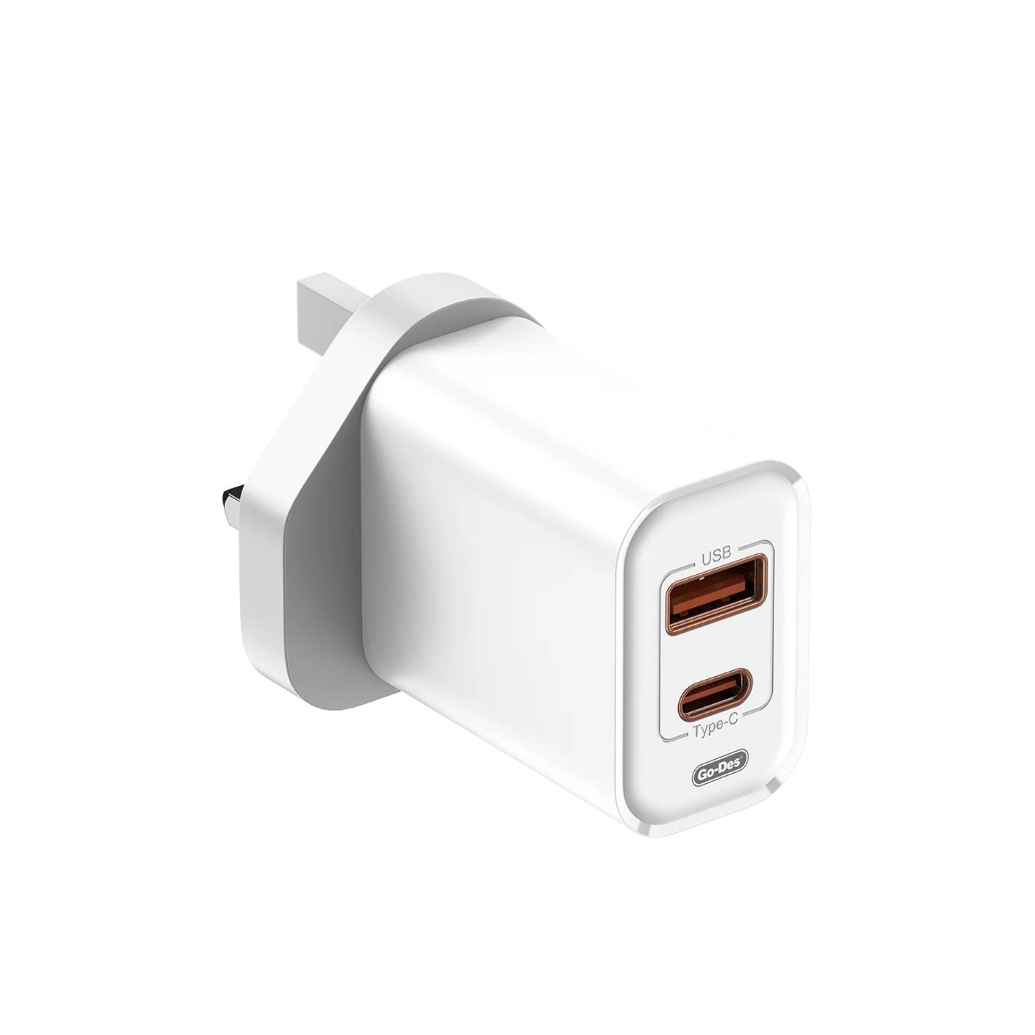 White wall adapter with two USB ports on a white background