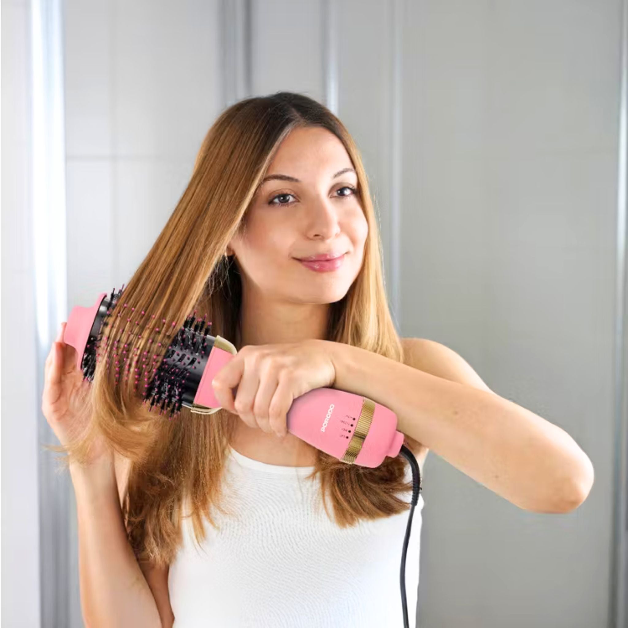 Porodo Shinewhirl Electric Hair Styling Brush with Hair Straightener Brush & Dryer, 3-Pin UK Plug, 1.8m Cord Length, Adjustable Heat Levels, Scalp Massaging Ball Tips, Ergonomic Design - Pink