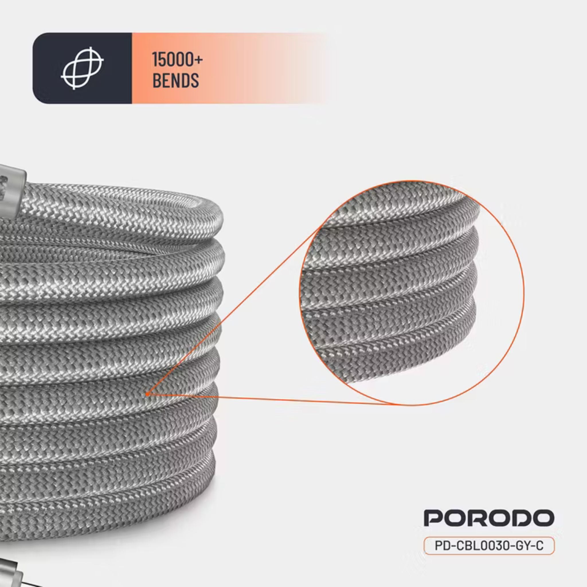 Porodo Type-C to Type-C Magnetic Braided Cable with 30W Power Delivery, 1.2m Cable Length, More than 15,000 Bends Lifespan, Tangle-Free Design - Gray