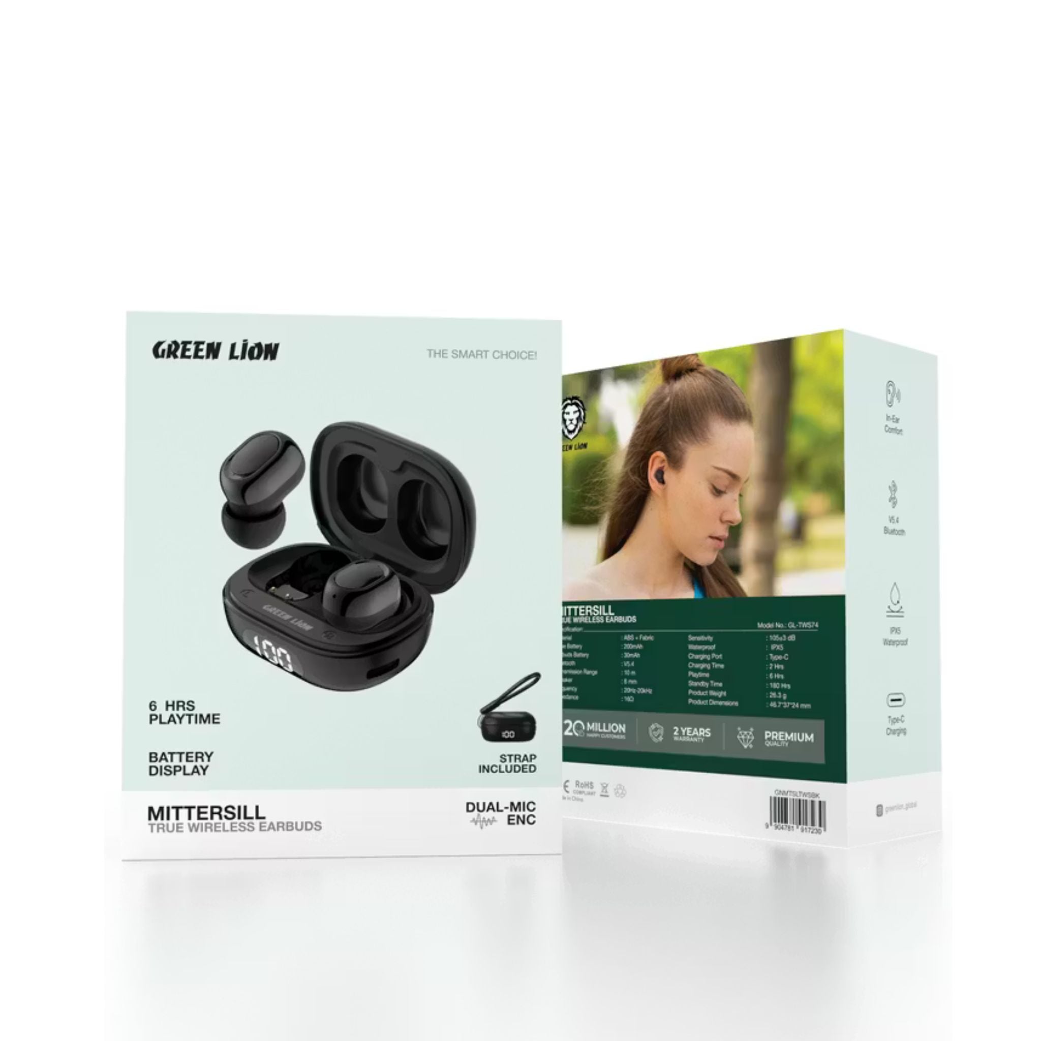 Green Lion Mittersill True Wireless Earbuds with ENC, Up to 6 Hours Playtime, IPX5 Waterproof Resistance Level, Bluetooth Version 5.4, Up to 10m Transmission Range, Type-C Charging Port, Dual-Microphone, Strap Included