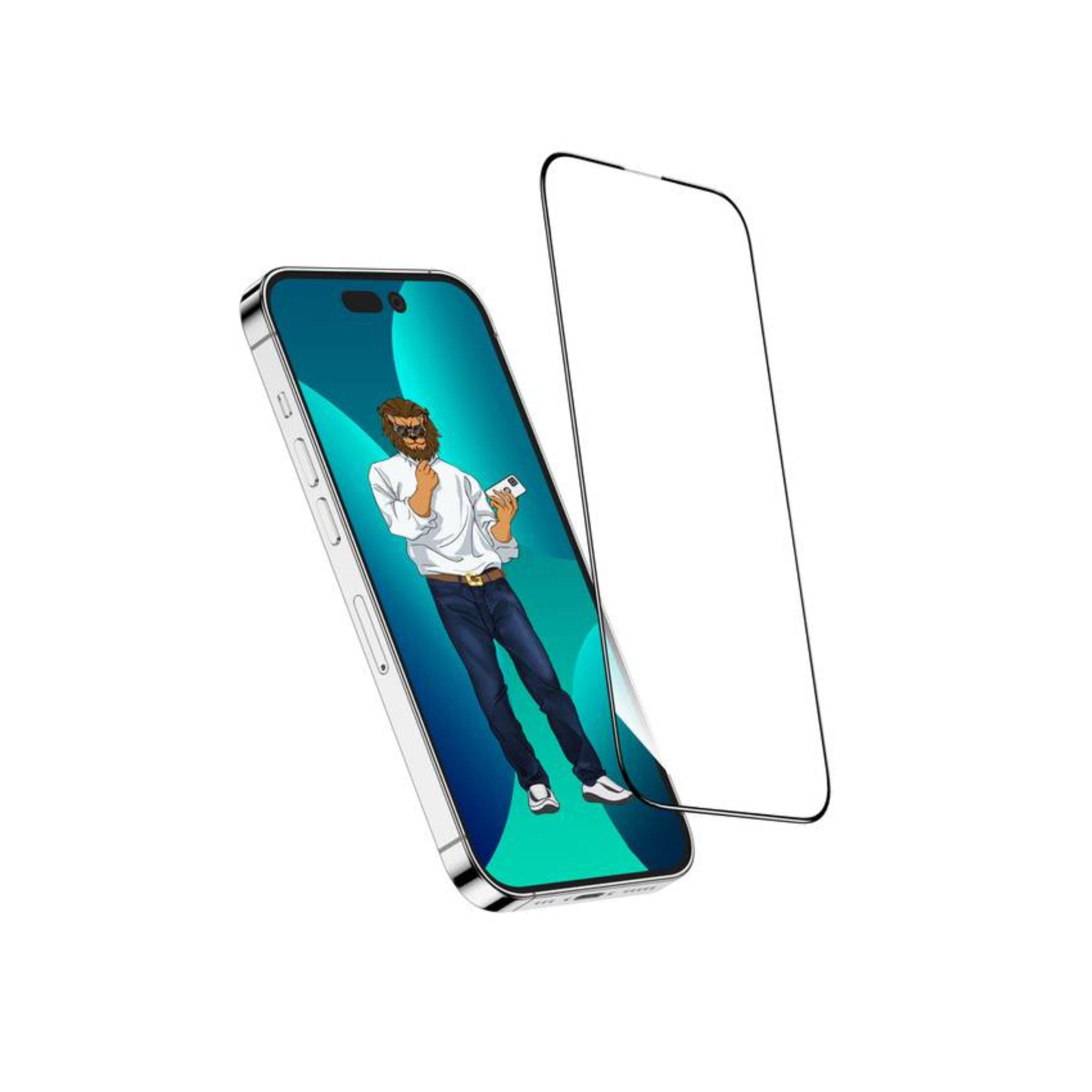 A clear full-screen protector for iPhone, displayed alongside an iPhone with a cartoon character on the screen, indicating the protector's transparency and fit for the device.