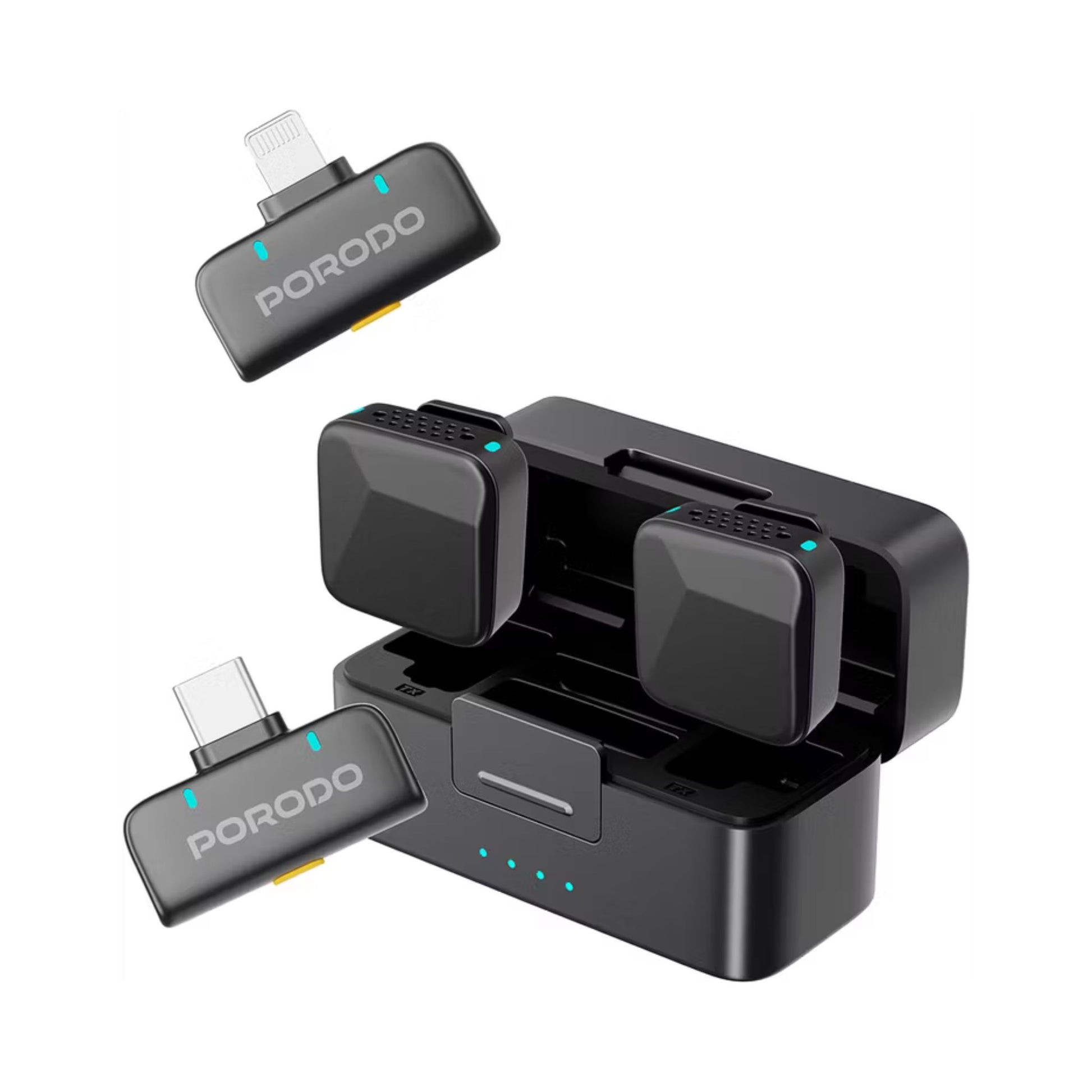 Black electronic device with two USB connectors and 'PORODO' branding on a white background