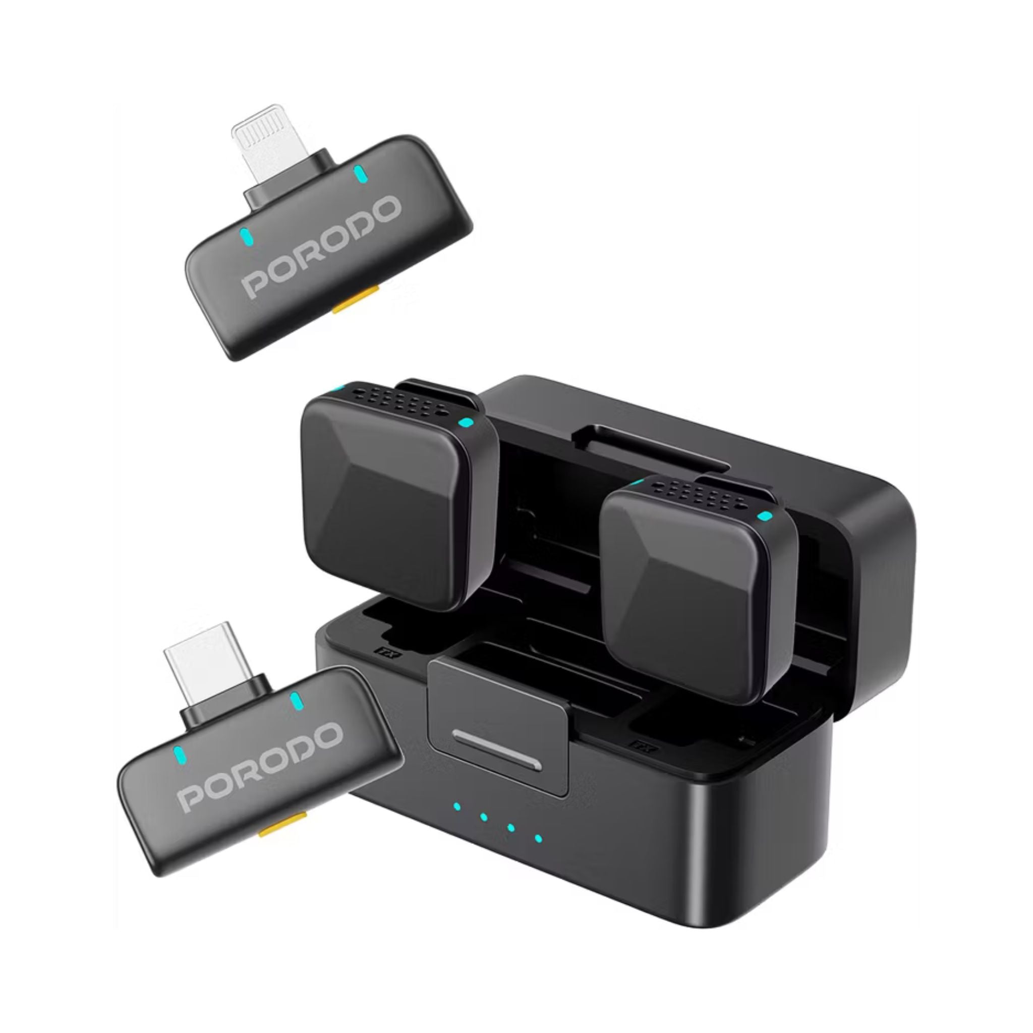 Porodo Orion Dual Lavalier Microphones – Type-C & Lightning, Auto-Pairing Wireless Setup, Precise Reverb, 1h Charge for 5h Use, 650mAh Case & 55mAh Mics, 15–20m Range – Black