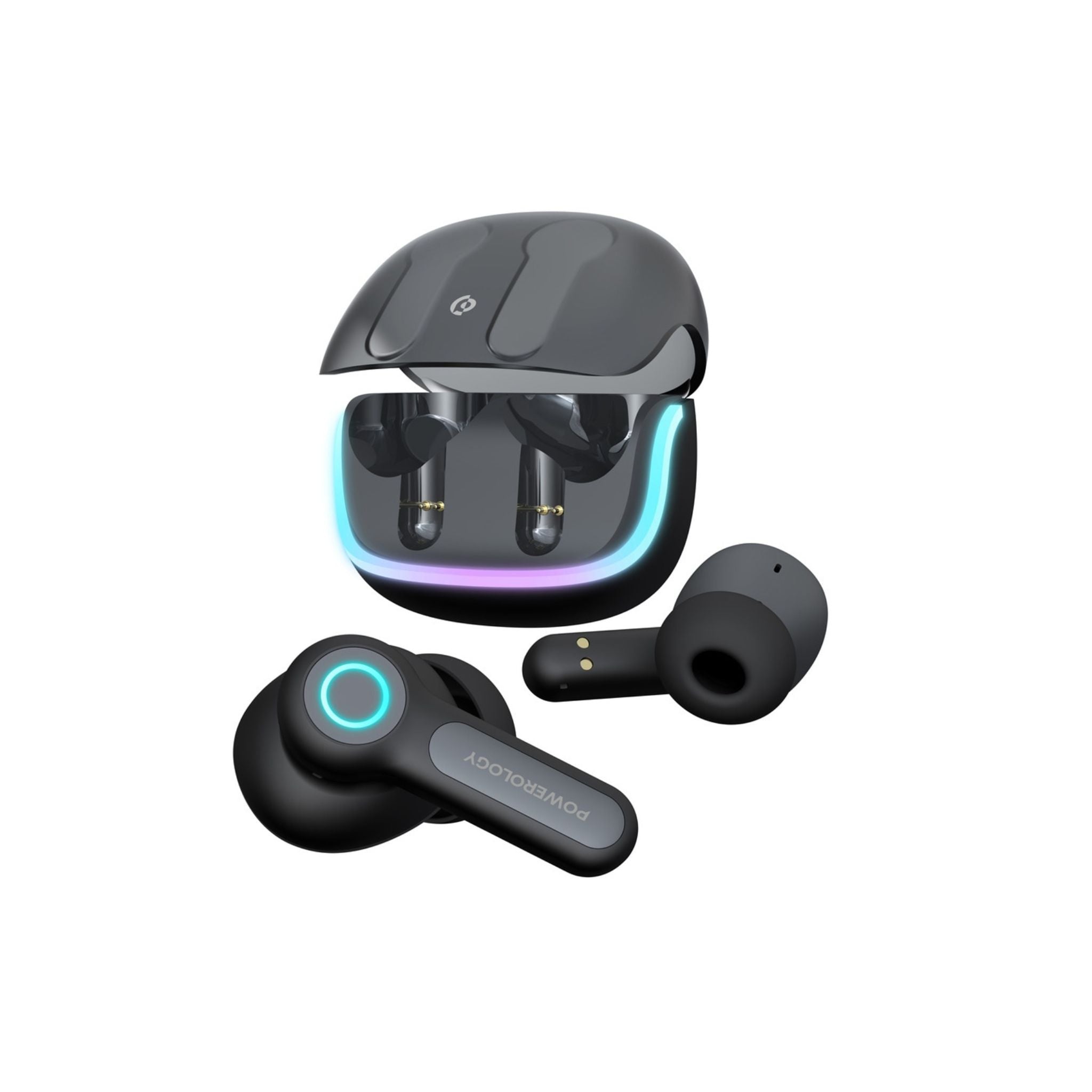 A pair of black true wireless earbuds with a charging case, featuring smart touch controls and RGB lights.