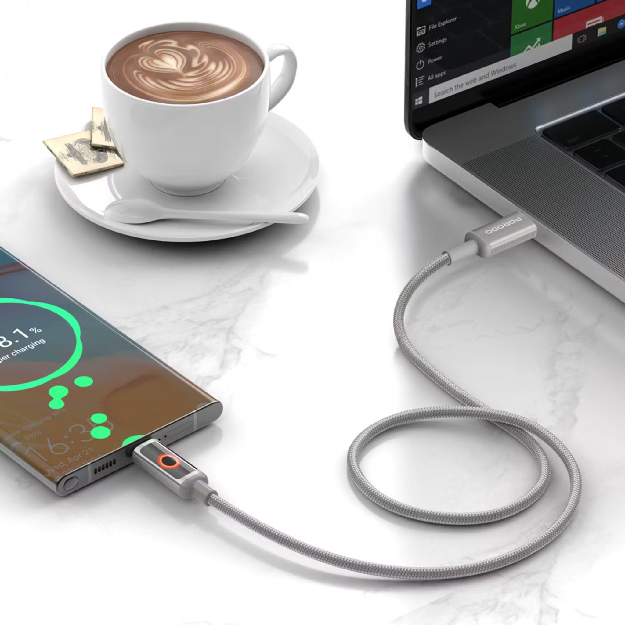 Porodo Charge Lite USB-C to USB-C Cable with High-Speed Charging, PD 60W, Braided & Aluminum Alloy Material, 1m Cable Length, 480Mbps Transfer Speed, Protect Battery - Gray