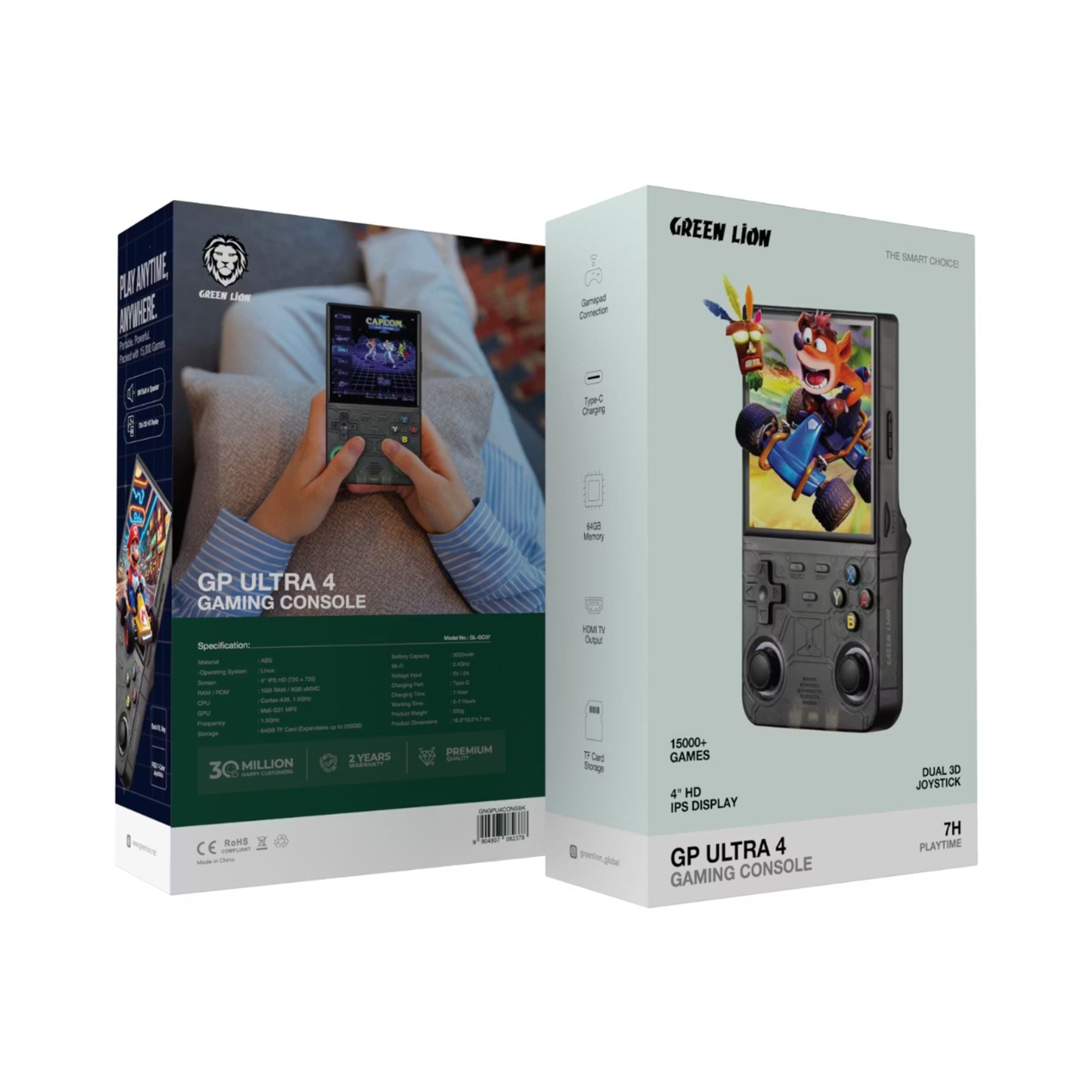 Green Lion GP ULTRA 4 Gaming Console with +15000 Games, Type-C Charging, 8W Built-in Speaker, Gamepad Connection, TF Card Storage, HDMI TV Output, 64GB Memory - Black