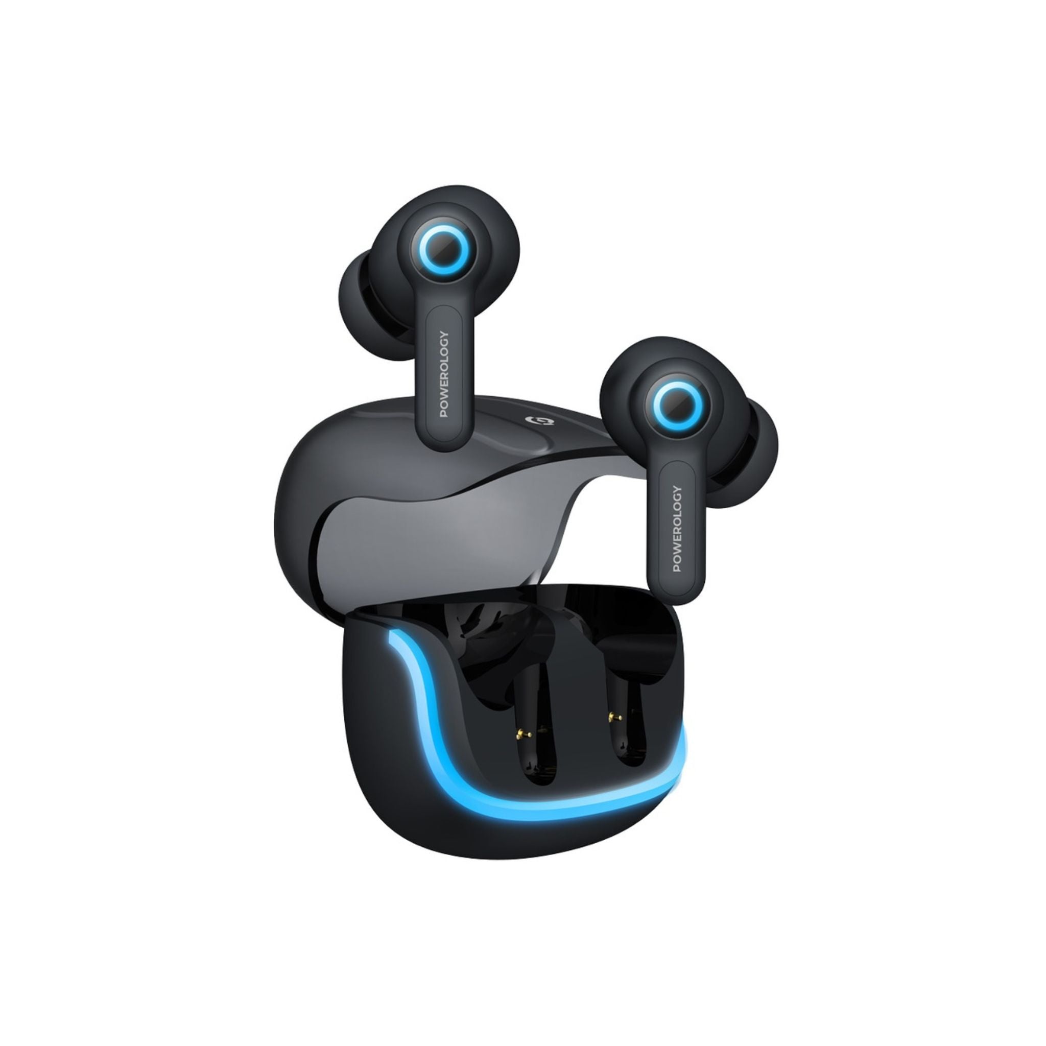 Powerology Quad Mic ENC True Wireless Earbuds, 6h Playtime, Bluetooth 5.3, Type-C Charging, 10m Transmission Distance, RGB Lights - Black