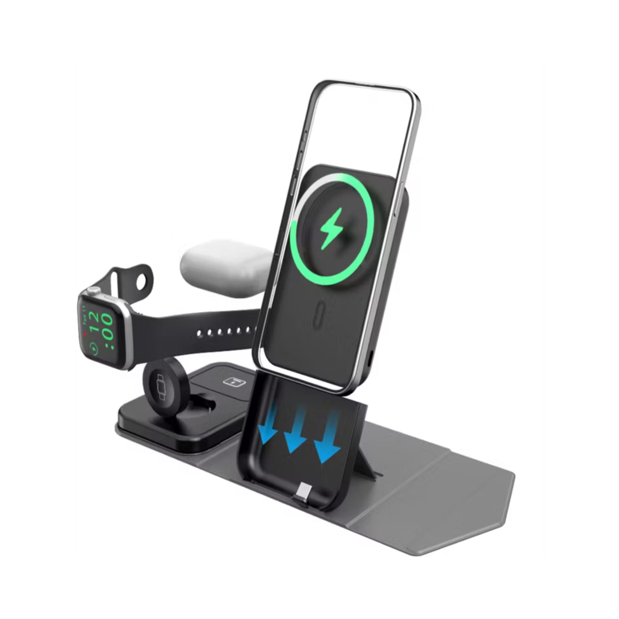 Green Lion Trio Charger Pro 5000mAh Power Bank, PD 20W with 3-in-1 Wireless Charging, Detachable Power Bank, Built-in Kickstand, 27W USB-C Power Input - Gray