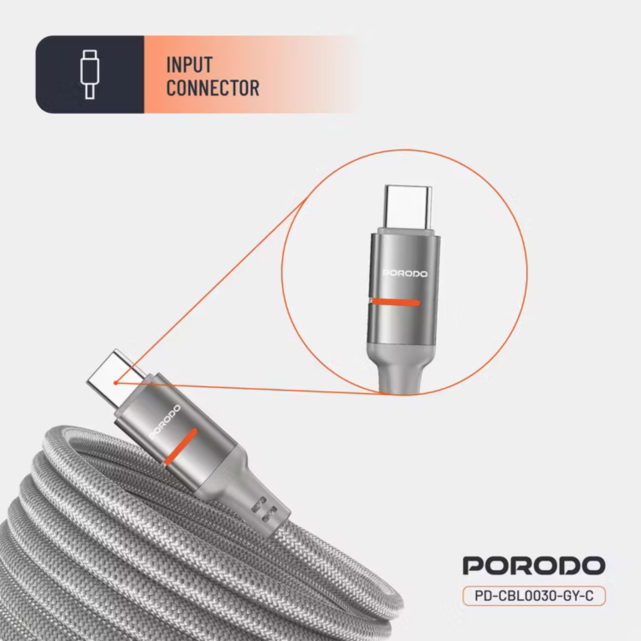 Porodo Type-C to Type-C Magnetic Braided Cable with 30W Power Delivery, 1.2m Cable Length, More than 15,000 Bends Lifespan, Tangle-Free Design - Gray