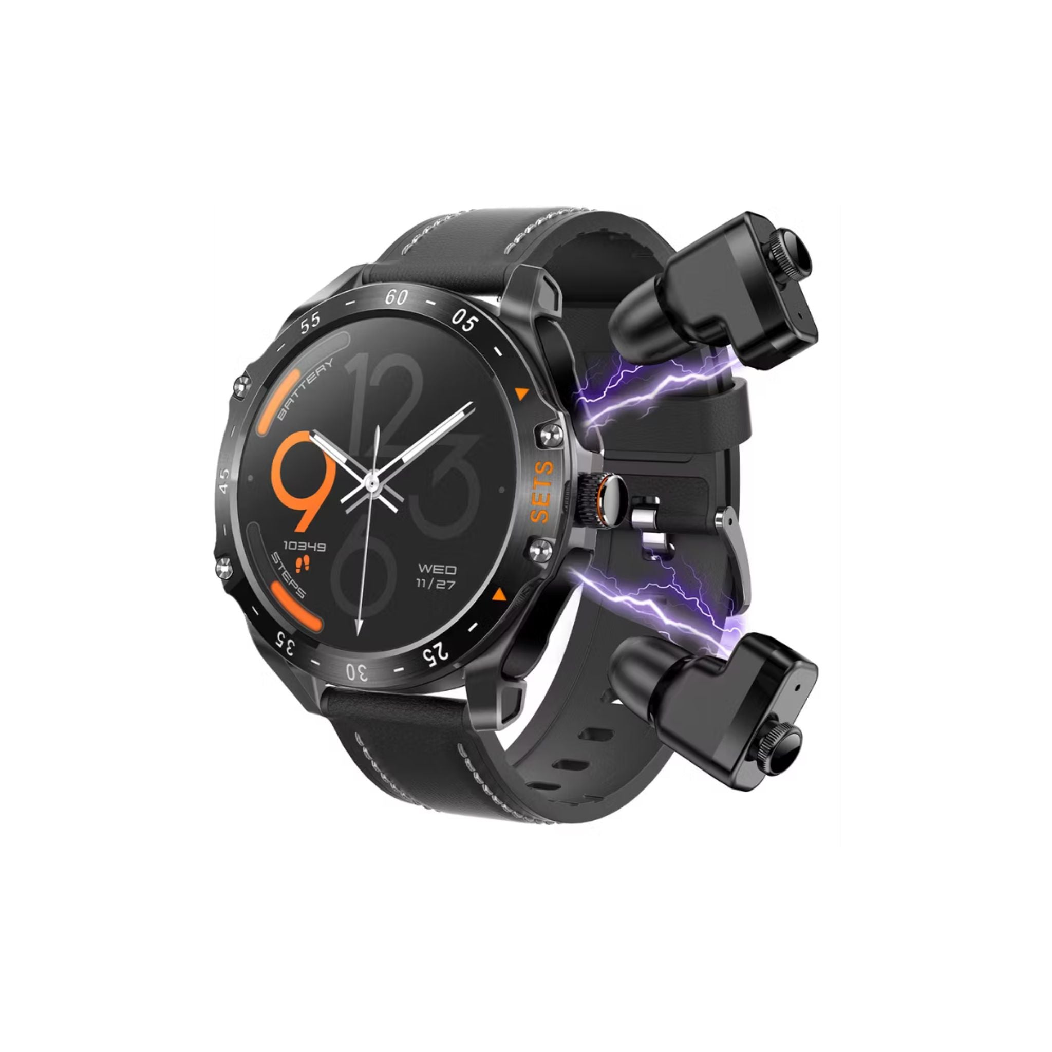 Porodo Hype Smart Watch with Wireless Earbuds and Black Leather Band, Compatible with Android 5.0, iOS 10.0 and Above