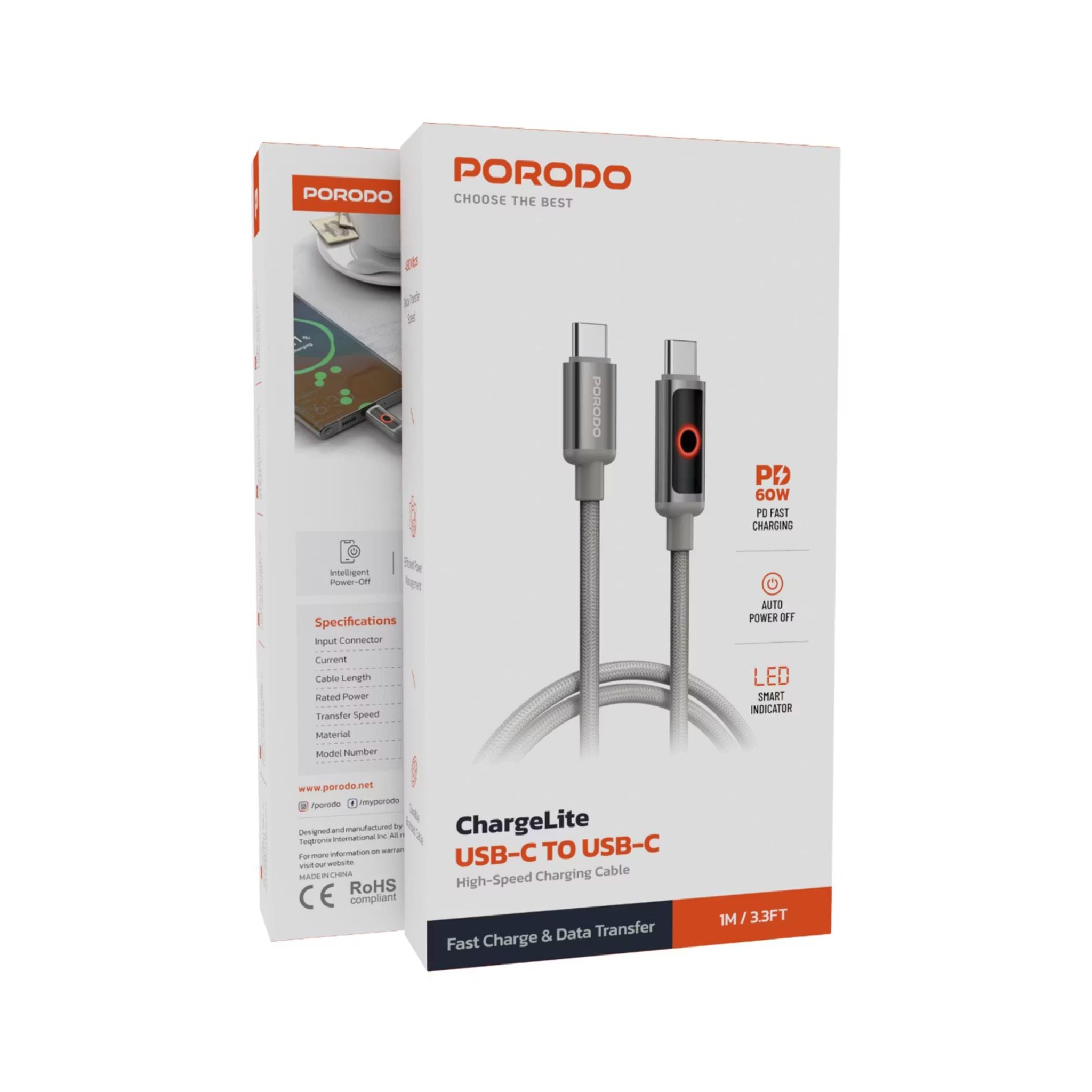 Porodo Charge Lite USB-C to USB-C Cable with High-Speed Charging, PD 60W, Braided & Aluminum Alloy Material, 1m Cable Length, 480Mbps Transfer Speed, Protect Battery - Gray