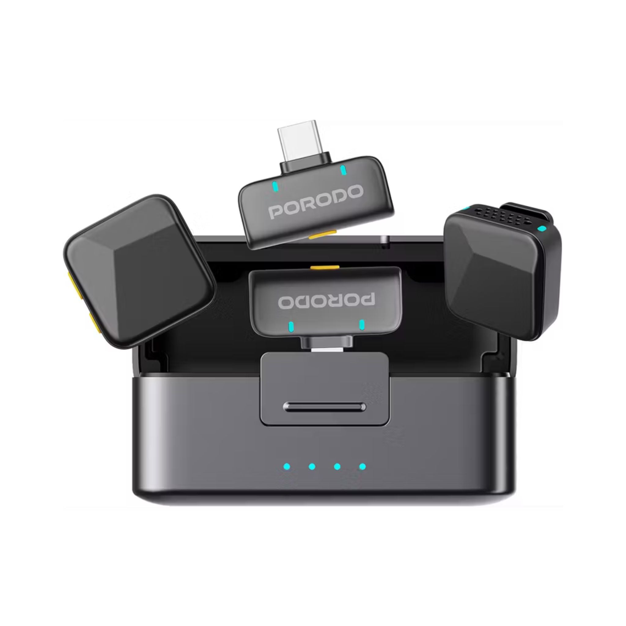 Porodo Orion Dual Lavalier Microphones – Type-C & Lightning, Auto-Pairing Wireless Setup, Precise Reverb, 1h Charge for 5h Use, 650mAh Case & 55mAh Mics, 15–20m Range – Black