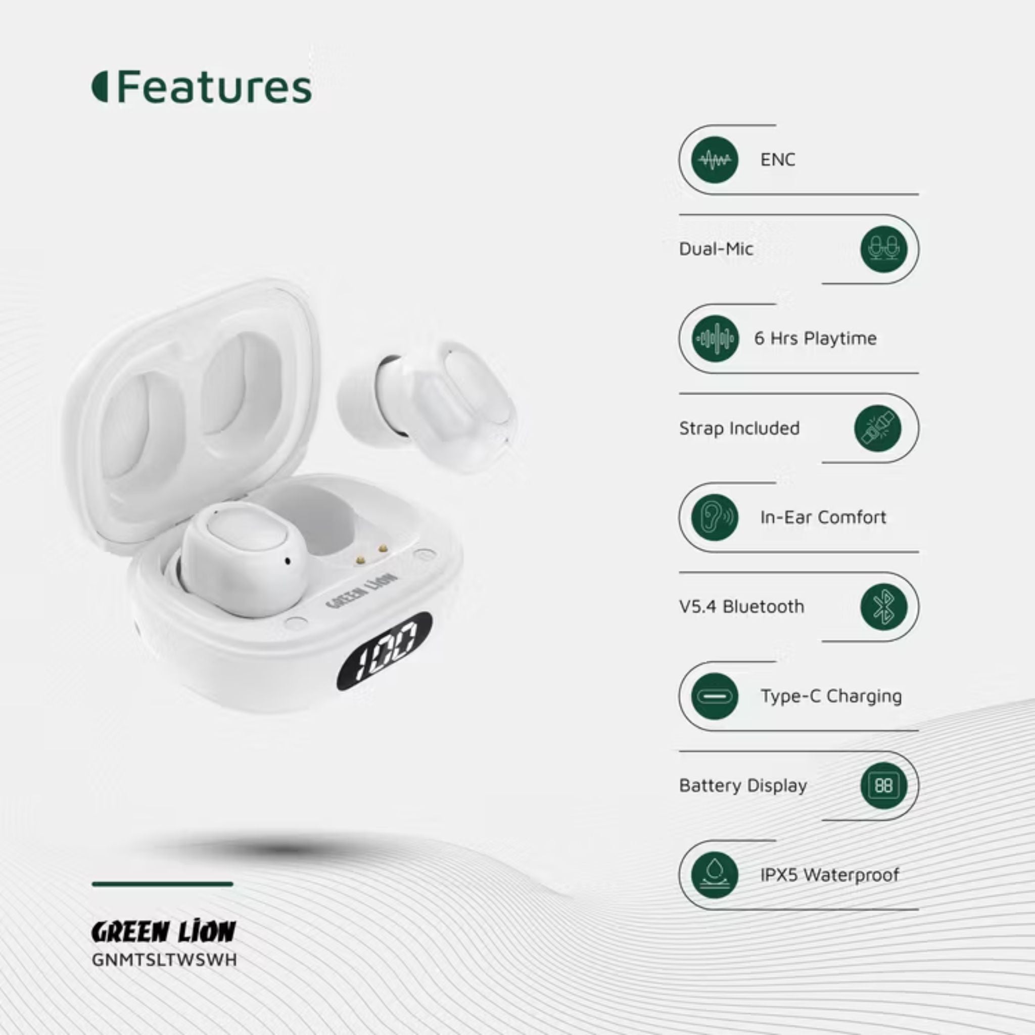Green Lion Mittersill True Wireless Earbuds with ENC, Up to 6 Hours Playtime, IPX5 Waterproof Resistance Level, Bluetooth Version 5.4, Up to 10m Transmission Range, Type-C Charging Port, Dual-Microphone, Strap Included