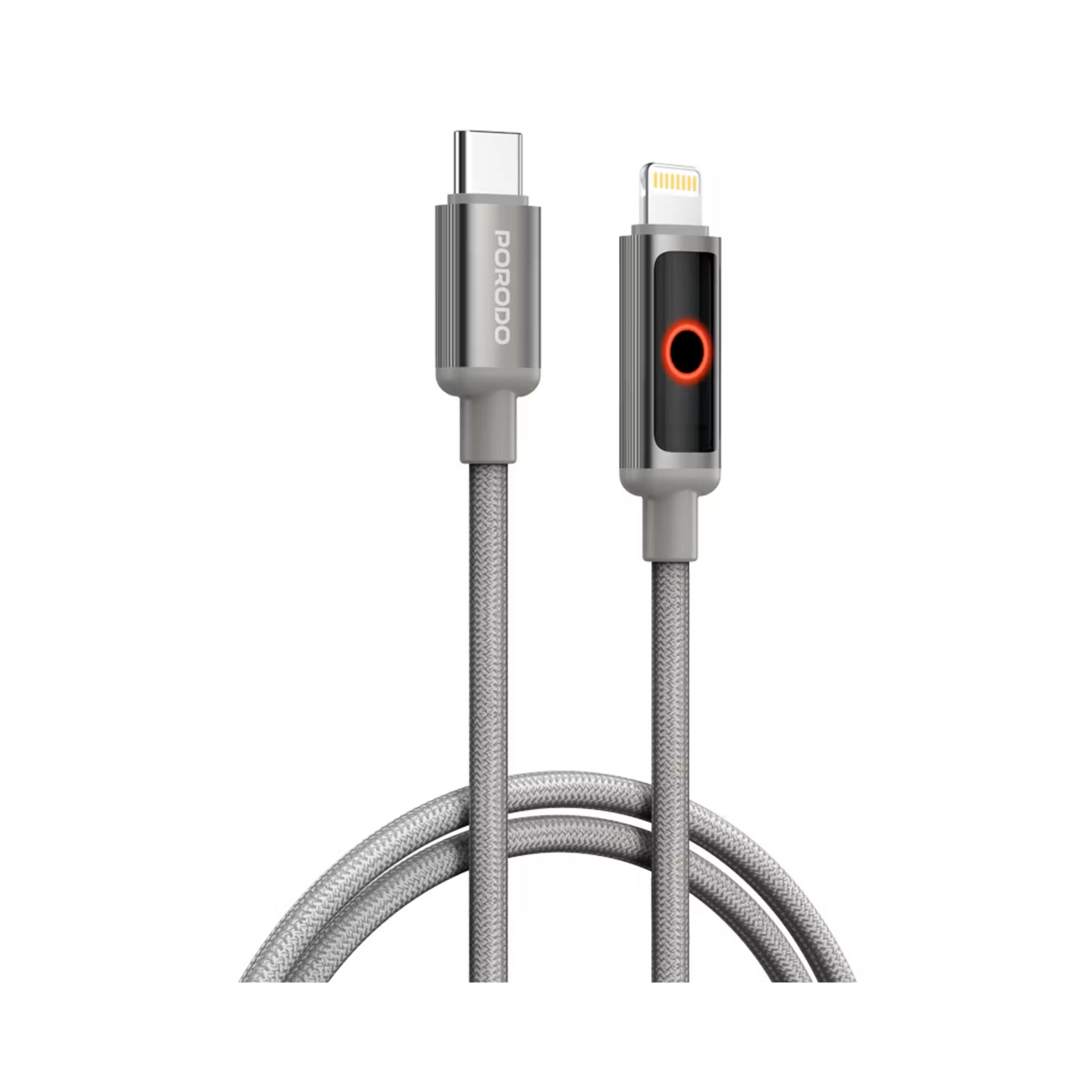 Porodo Charge Lite USB-C to Lightning Cable with High-Speed Charging, PD 30W, Braided & Aluminum Alloy Material, 1m Cable Length, 480Mbps Transfer Speed, Protect Battery - Gray