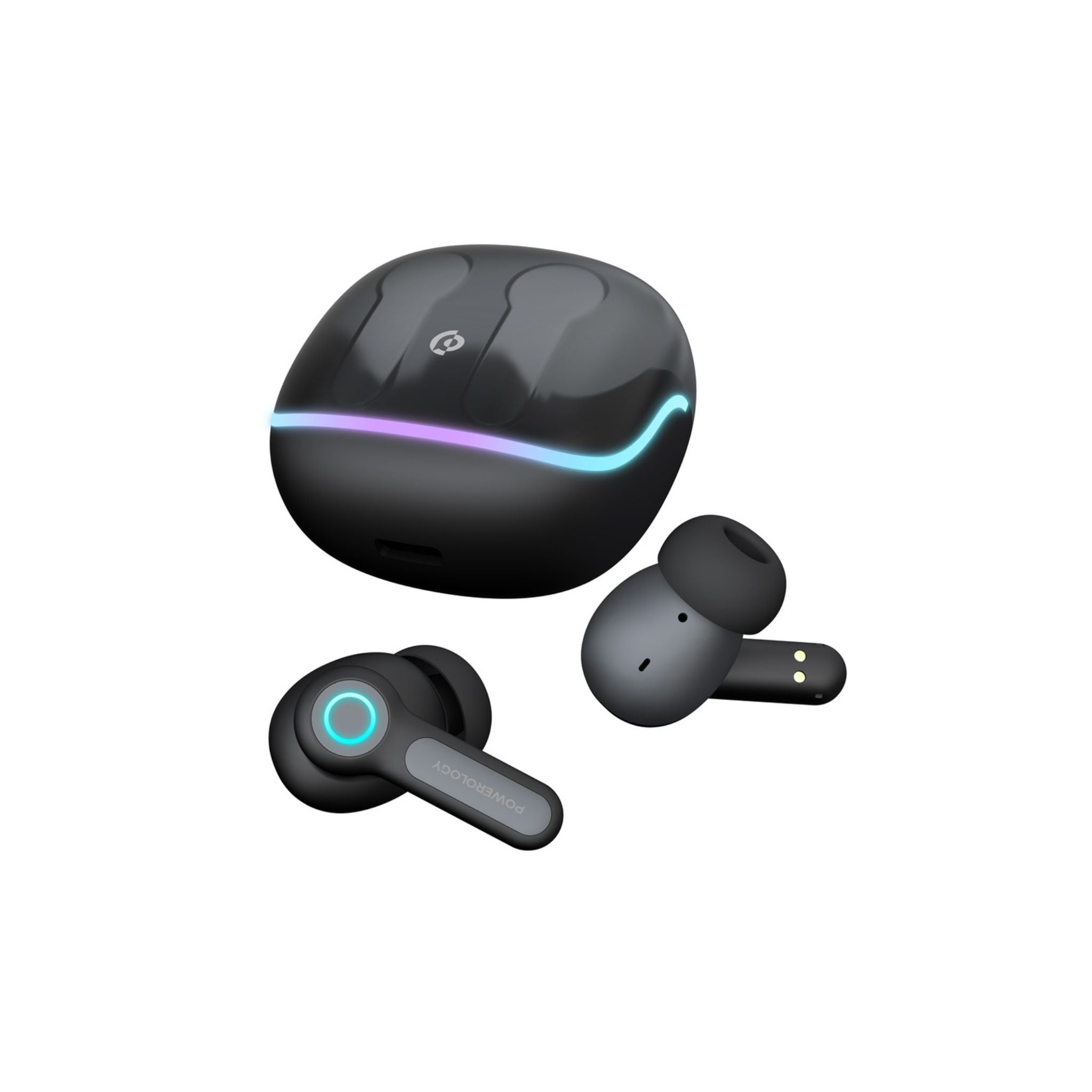 Powerology Quad Mic ENC True Wireless Earbuds, 6h Playtime, Bluetooth 5.3, Type-C Charging, 10m Transmission Distance, RGB Lights - Black