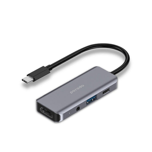 Porodo 4in1 USB-C Hub Type-C PD 100W HDMI USB 3.5mm Aux - Grey