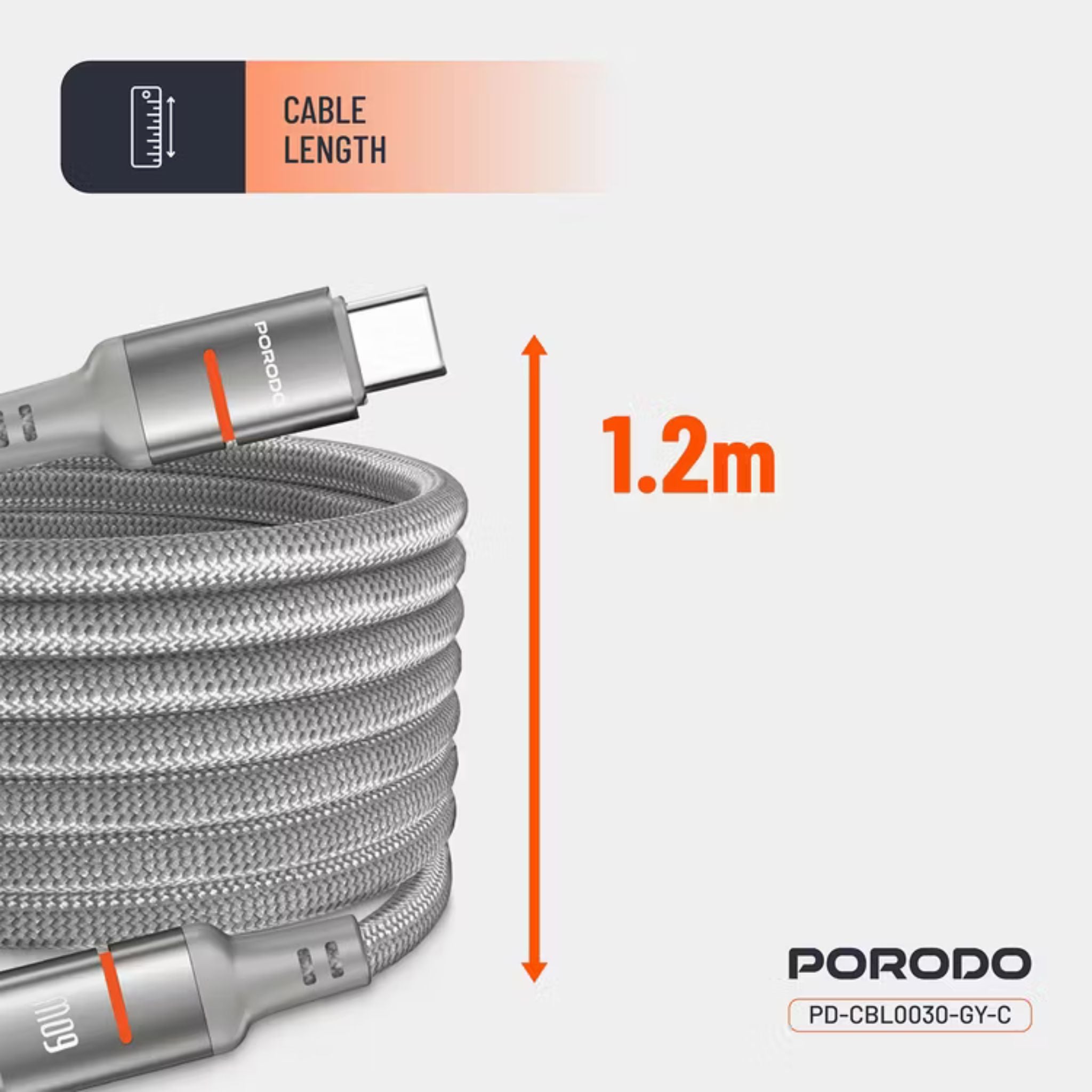 Porodo Type-C to Type-C Magnetic Braided Cable with 30W Power Delivery, 1.2m Cable Length, More than 15,000 Bends Lifespan, Tangle-Free Design - Gray
