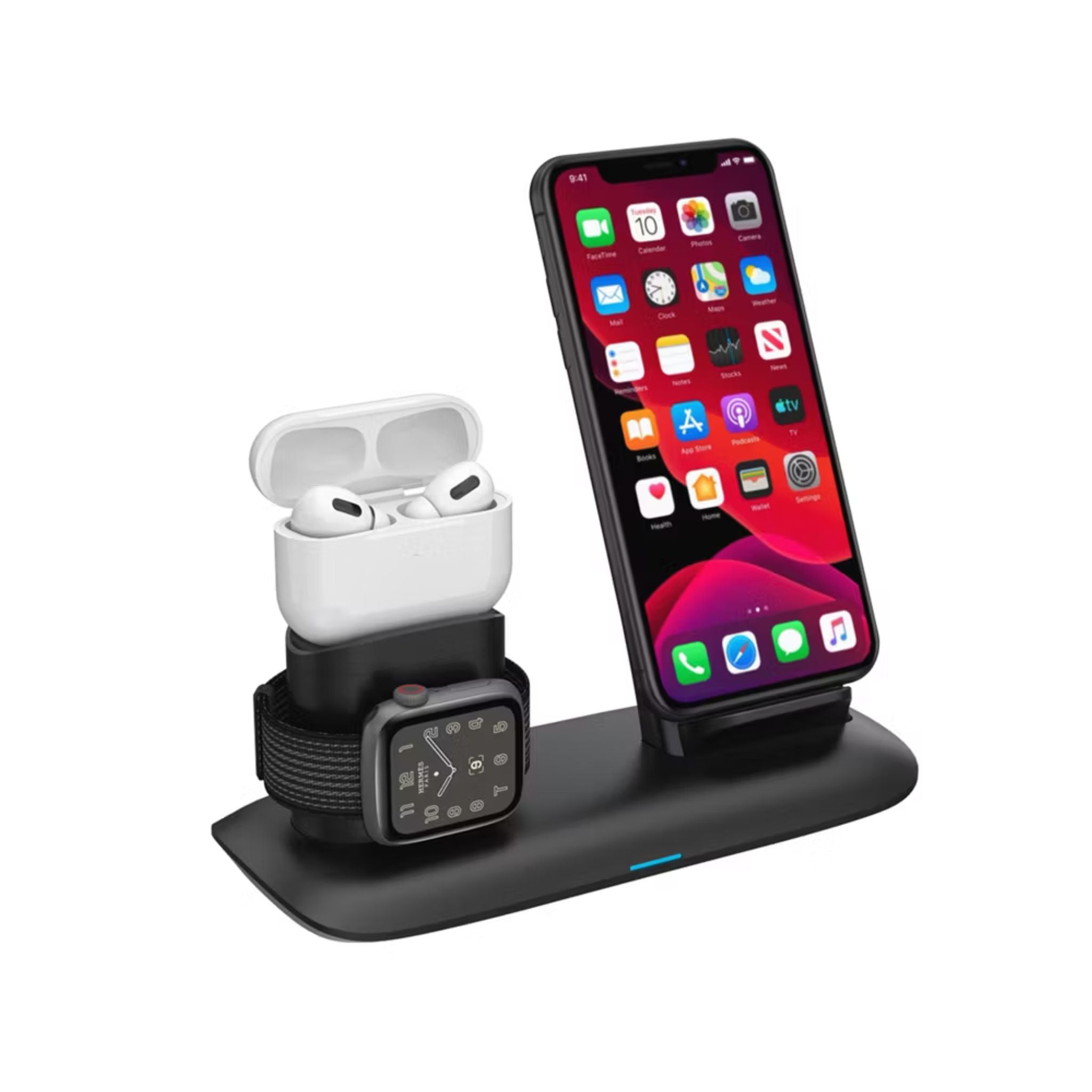 Porodo 4-in-1 Charging Station with Built-in Lightning Connector, Magnetic Charging for AirPods & Smartwatches, 10W Phone Output, 2W Watch Charger Output, Qi Standard - Black