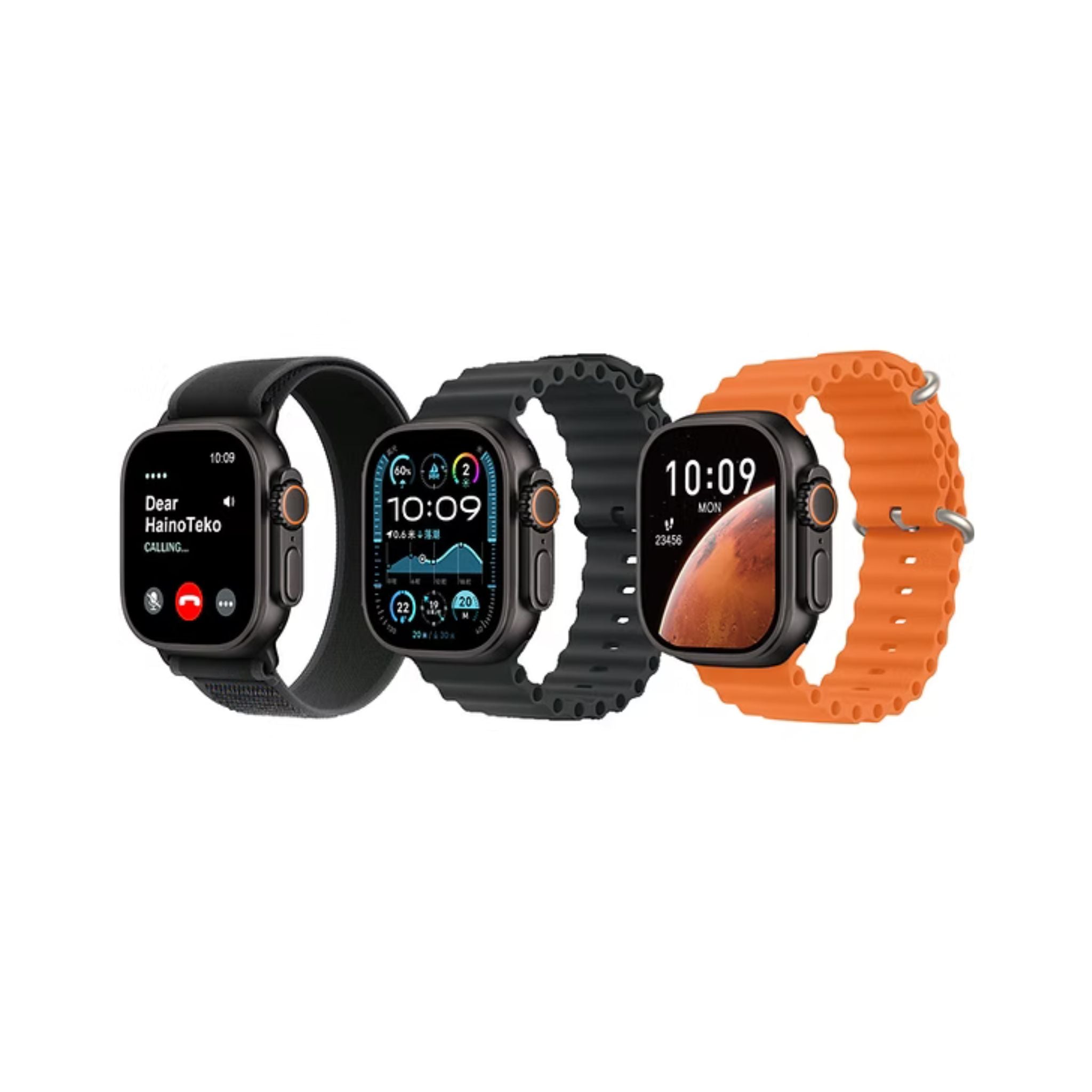 Four smartwatches with different colored bands on a white background
