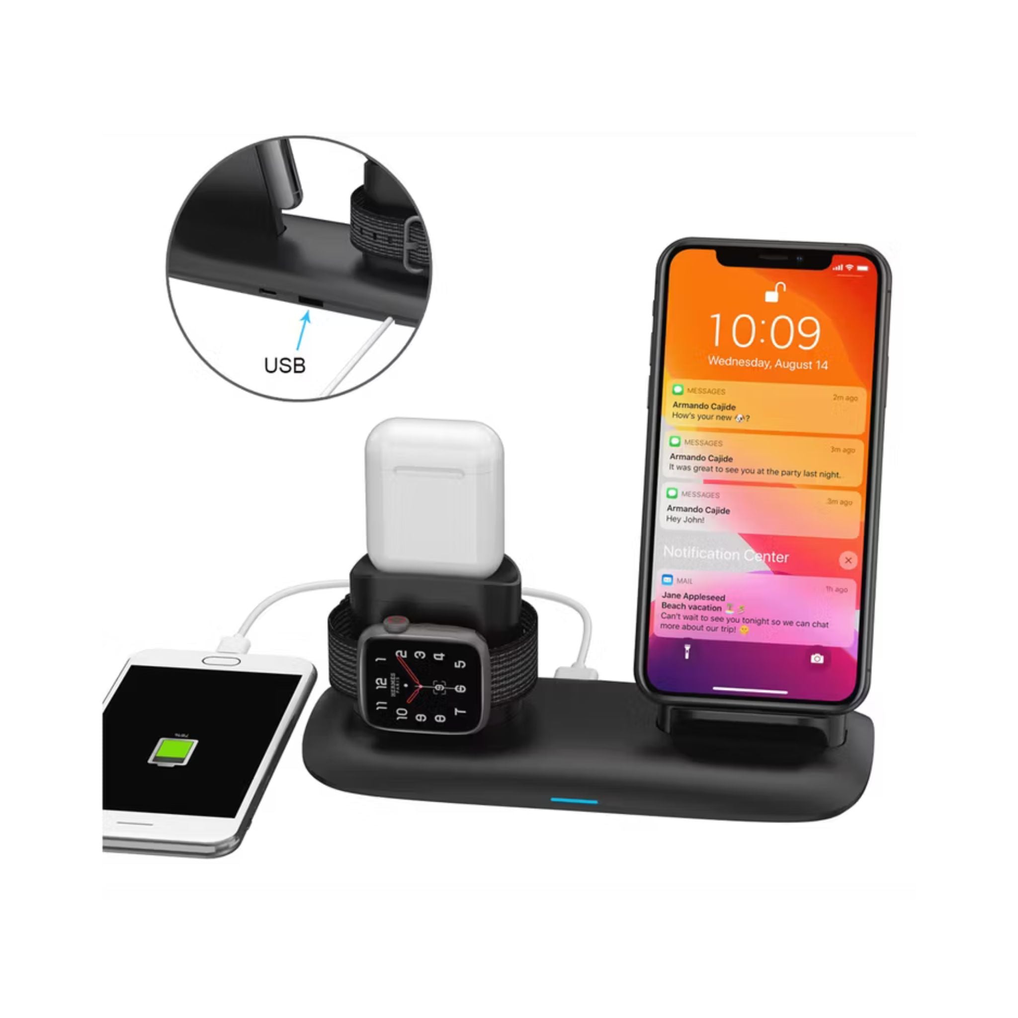 Porodo 4-in-1 Charging Station with Built-in Lightning Connector, Magnetic Charging for AirPods & Smartwatches, 10W Phone Output, 2W Watch Charger Output, Qi Standard - Black
