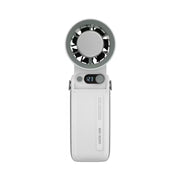 Handheld fan with digital display on a white background
