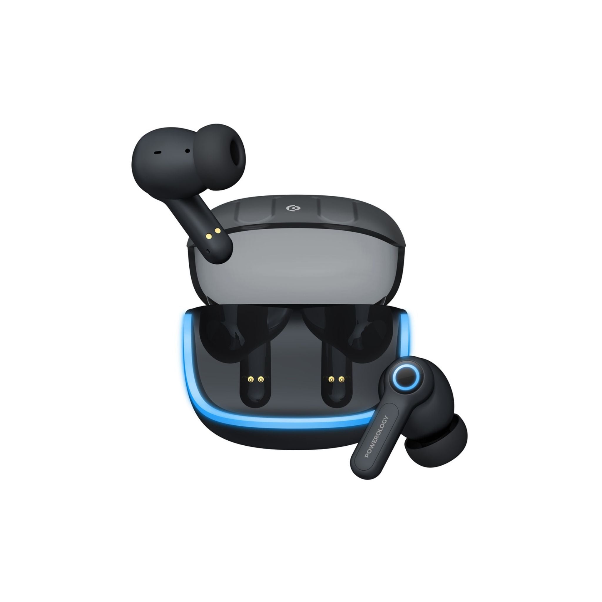 Powerology Quad Mic ENC True Wireless Earbuds, 6h Playtime, Bluetooth 5.3, Type-C Charging, 10m Transmission Distance, RGB Lights - Black
