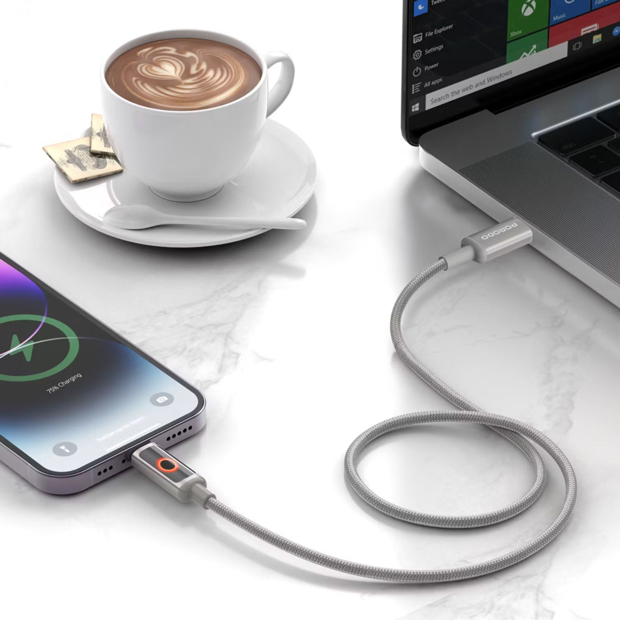 Porodo Charge Lite USB-C to Lightning Cable with High-Speed Charging, PD 30W, Braided & Aluminum Alloy Material, 1m Cable Length, 480Mbps Transfer Speed, Protect Battery - Gray