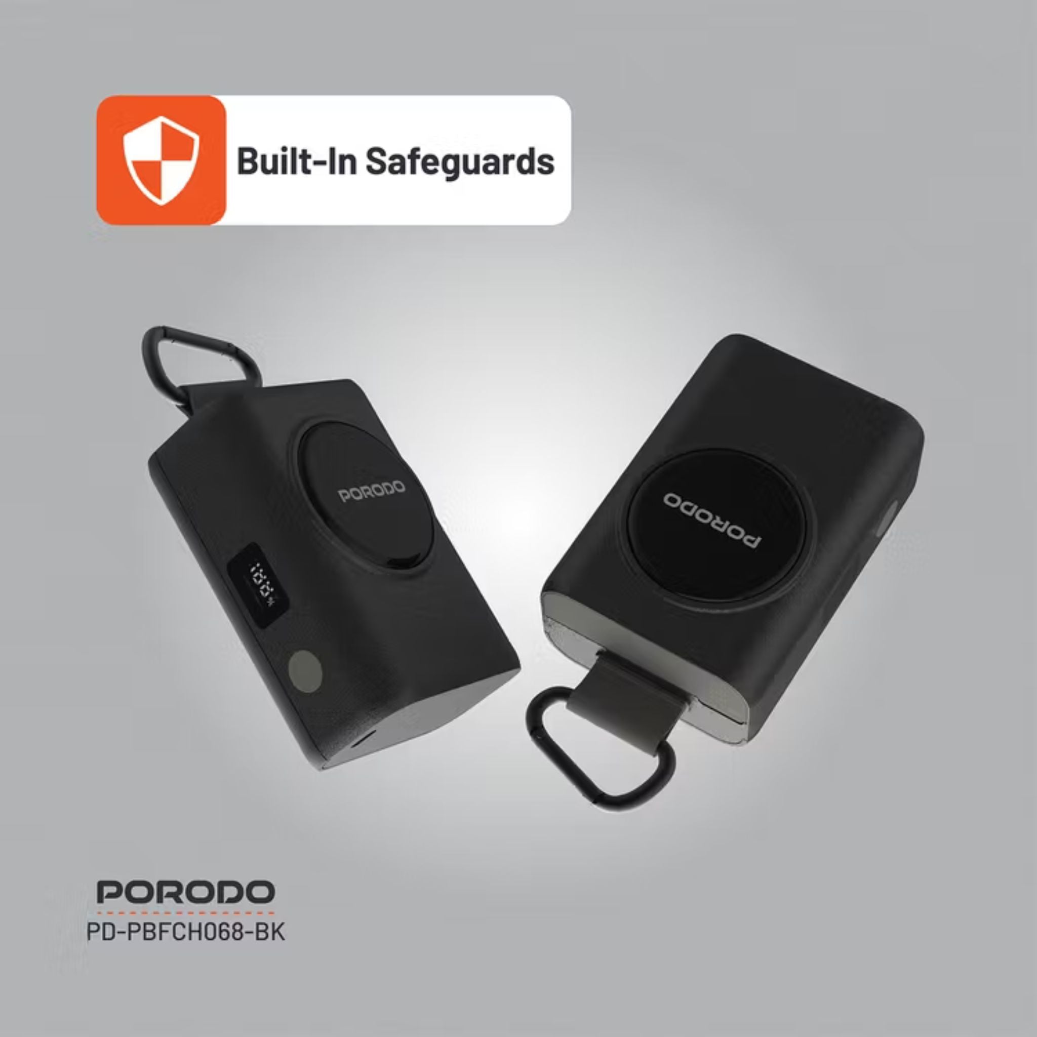 Porodo 10000mAh Power Bank with 70cm Retractable Type-C Cable, 45W Power Delivery, Built-in Safeguards, Digital Display, 0-40°C Operating Temperature - Black