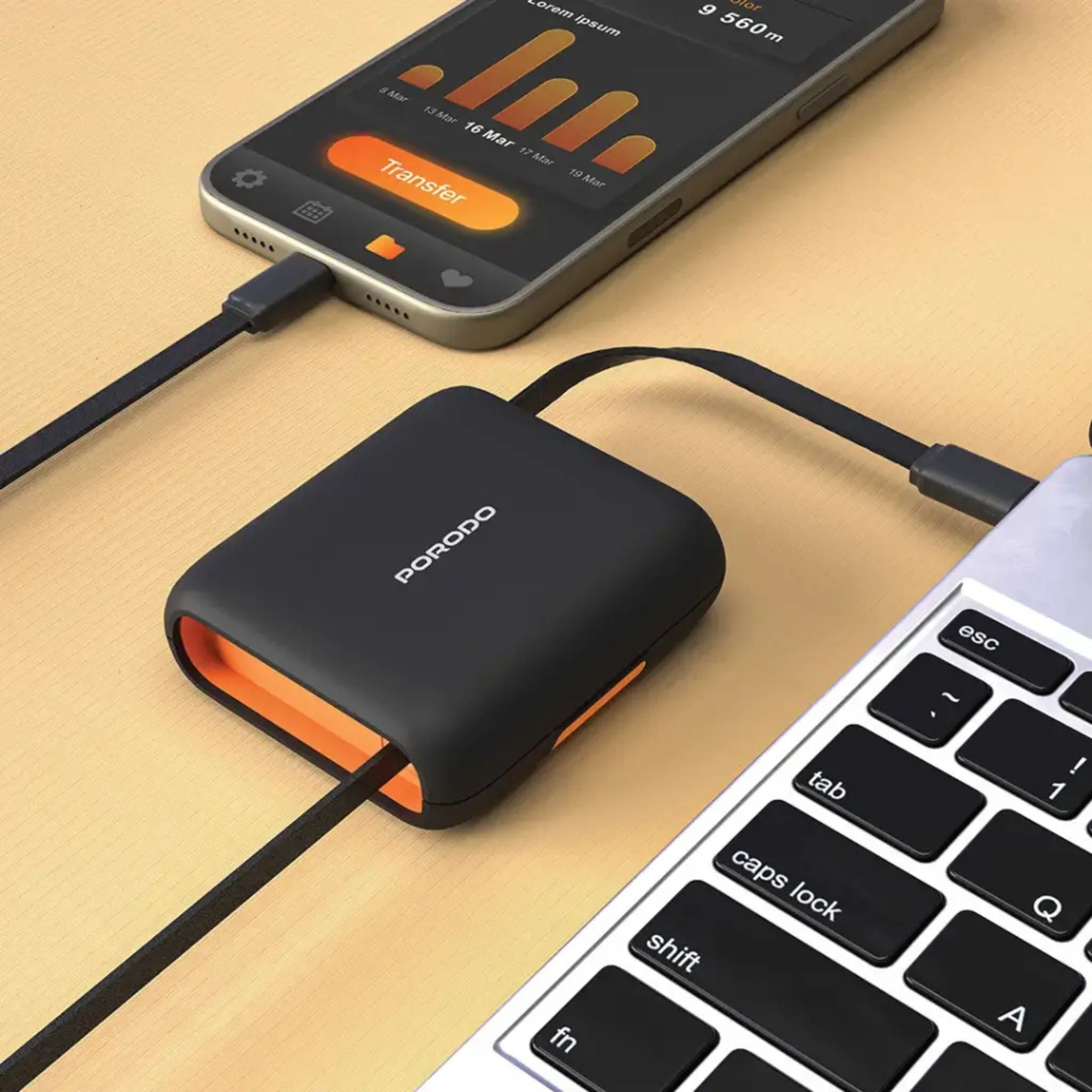 Porodo Multi-Functional Travel Data Cable Set with Built-in Phone Stand, USB-A, Lightning, Micro USB, Type-C Connectors, 2 SIM Card Slots & 1 TF Card Slot - Orange