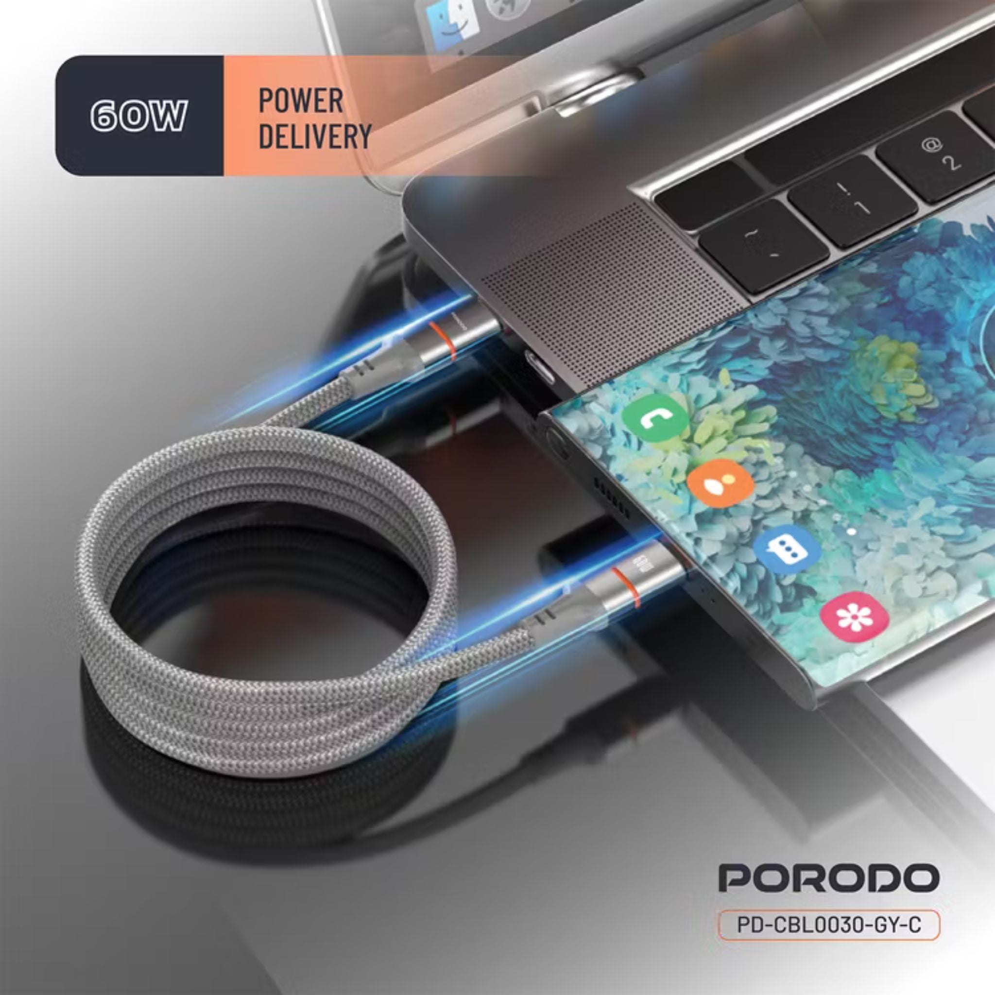 Porodo Type-C to Type-C Magnetic Braided Cable with 30W Power Delivery, 1.2m Cable Length, More than 15,000 Bends Lifespan, Tangle-Free Design - Gray