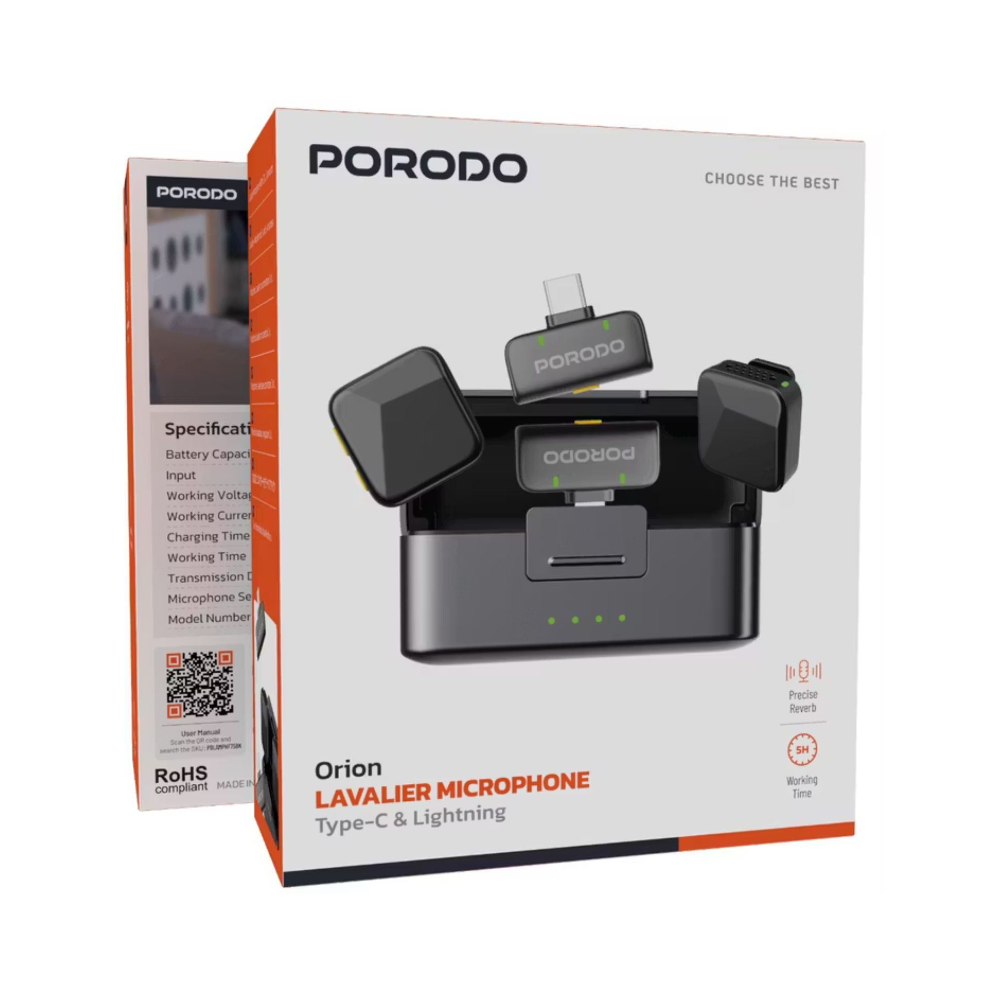Porodo Orion Dual Lavalier Microphones – Type-C & Lightning, Auto-Pairing Wireless Setup, Precise Reverb, 1h Charge for 5h Use, 650mAh Case & 55mAh Mics, 15–20m Range – Black