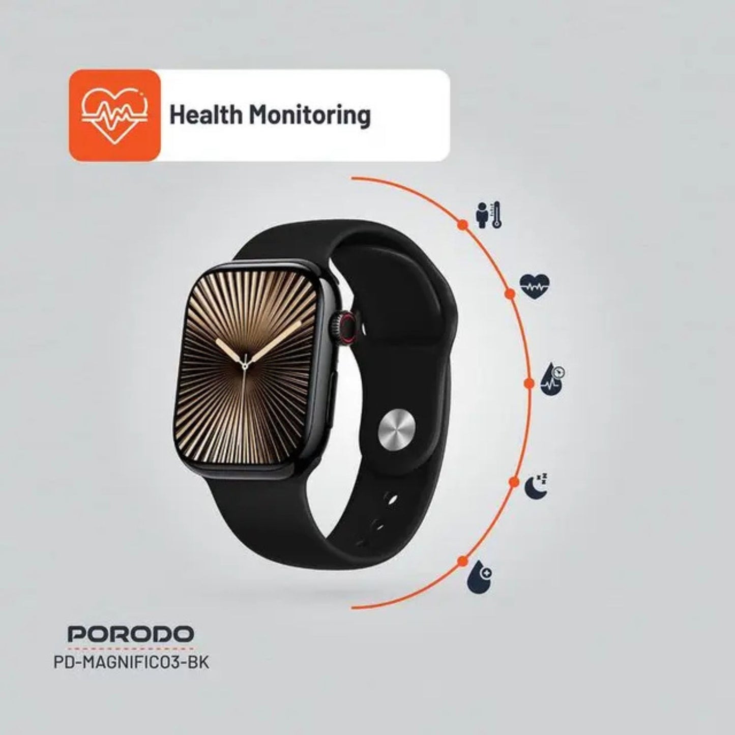 Porodo Magnifico 3 Smart Watch with Dual Straps, Up to 5 Days of Working Time Activity Tracker & Health Monitoring, Music Control, Apps Notification, Camera Shutter, Multiple Sports Mode - Black