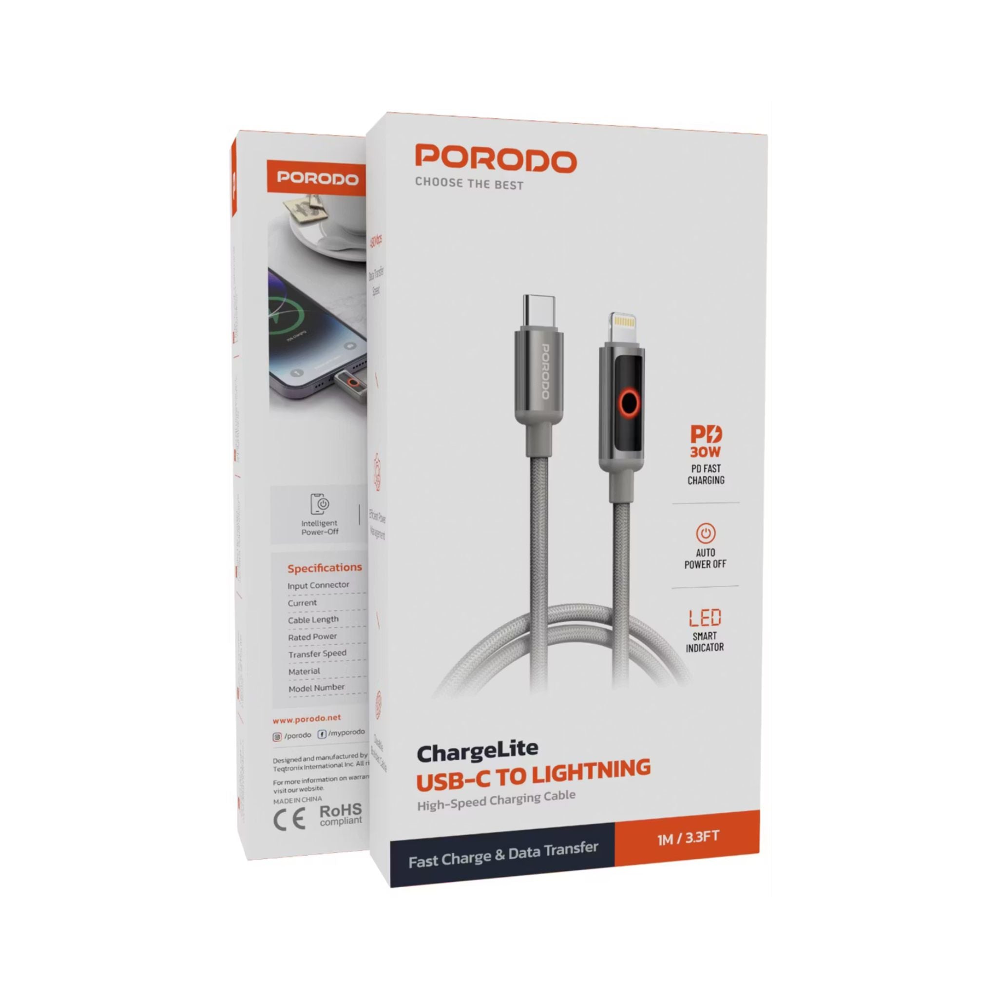 Porodo Charge Lite USB-C to Lightning Cable with High-Speed Charging, PD 30W, Braided & Aluminum Alloy Material, 1m Cable Length, 480Mbps Transfer Speed, Protect Battery - Gray