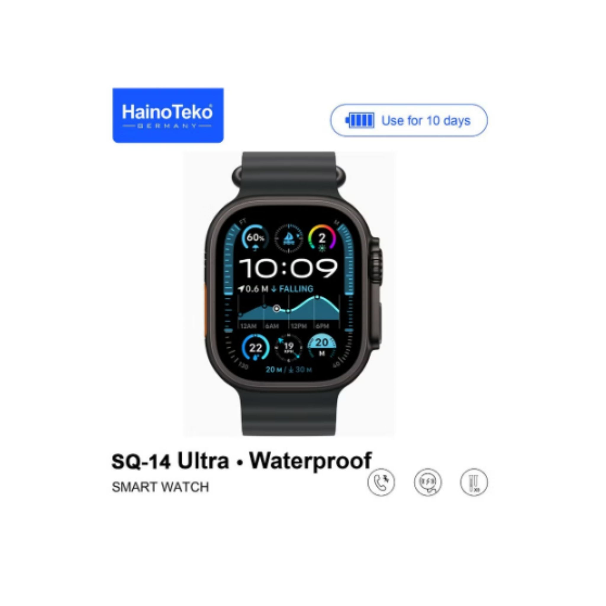 Haino Teko SQ-14 Ultra Waterproof Smartwatch with Large Screen AMOLED Display 10-Day Battery Life and 3 Pair Straps Designed For Ladies and Gents - Black