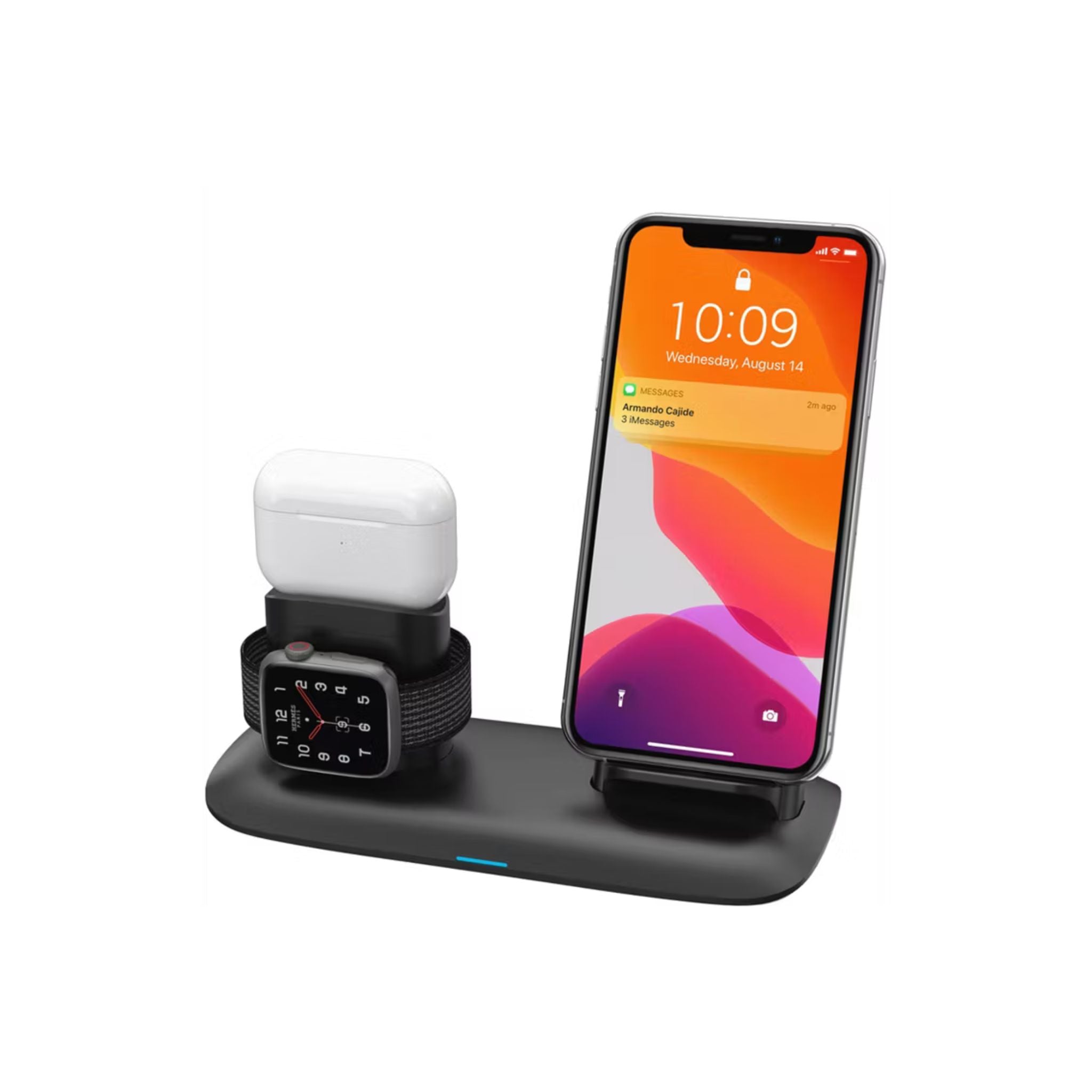 Porodo 4-in-1 Charging Station with Built-in Lightning Connector, Magnetic Charging for AirPods & Smartwatches, 10W Phone Output, 2W Watch Charger Output, Qi Standard - Black