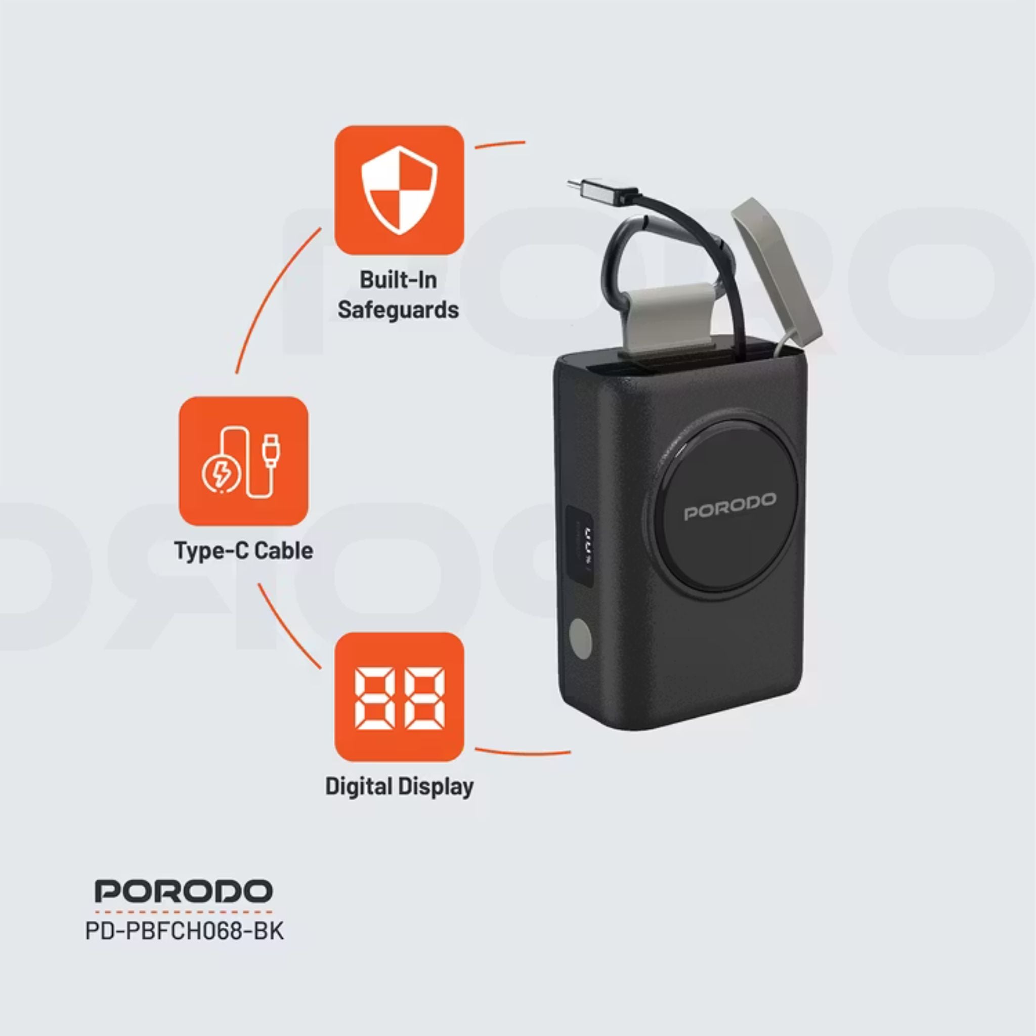 Porodo 10000mAh Power Bank with 70cm Retractable Type-C Cable, 45W Power Delivery, Built-in Safeguards, Digital Display, 0-40°C Operating Temperature - Black