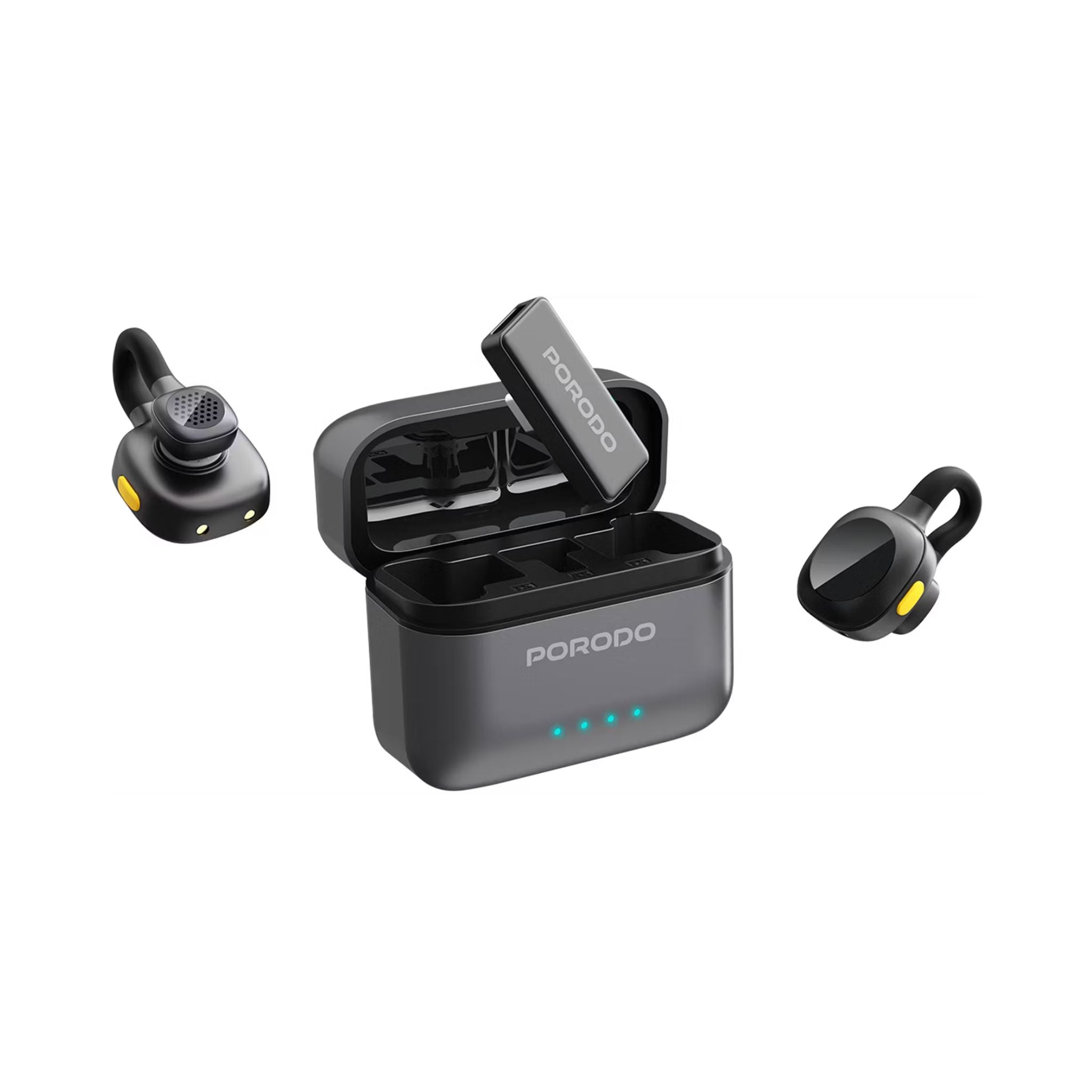 Porodo Movo Dual Lavalier Microphones – Type-C Connector, Precise Reverb, 1h Fast Charging, Up to 5h Use, 650mAh Charging Case, 55mAh Mic Battery, 15–20m Transmission, Crystal-Clear Audio, Auto-Pairing & Instant Wireless Setup – Black