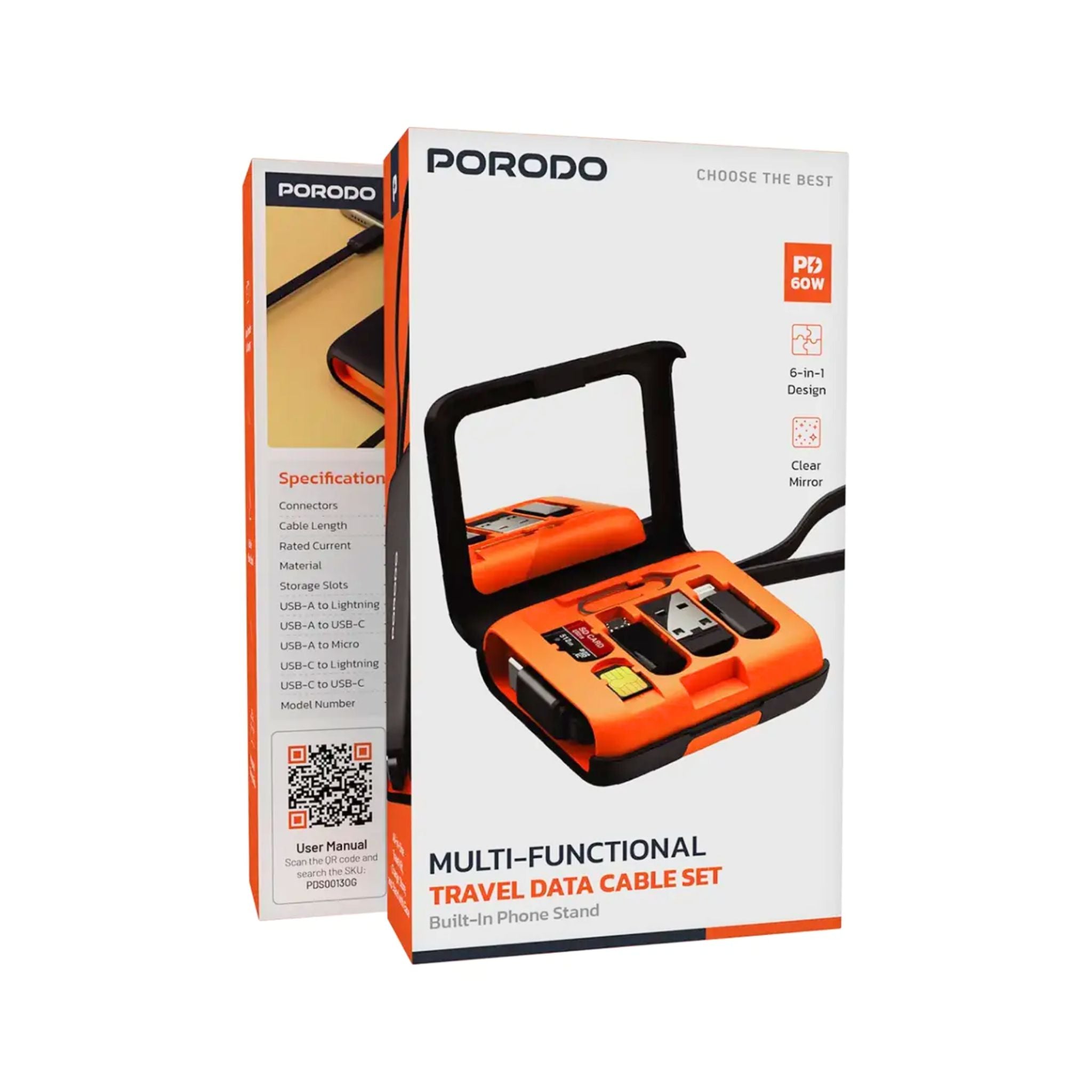 Porodo Multi-Functional Travel Data Cable Set with Built-in Phone Stand, USB-A, Lightning, Micro USB, Type-C Connectors, 2 SIM Card Slots & 1 TF Card Slot - Orange