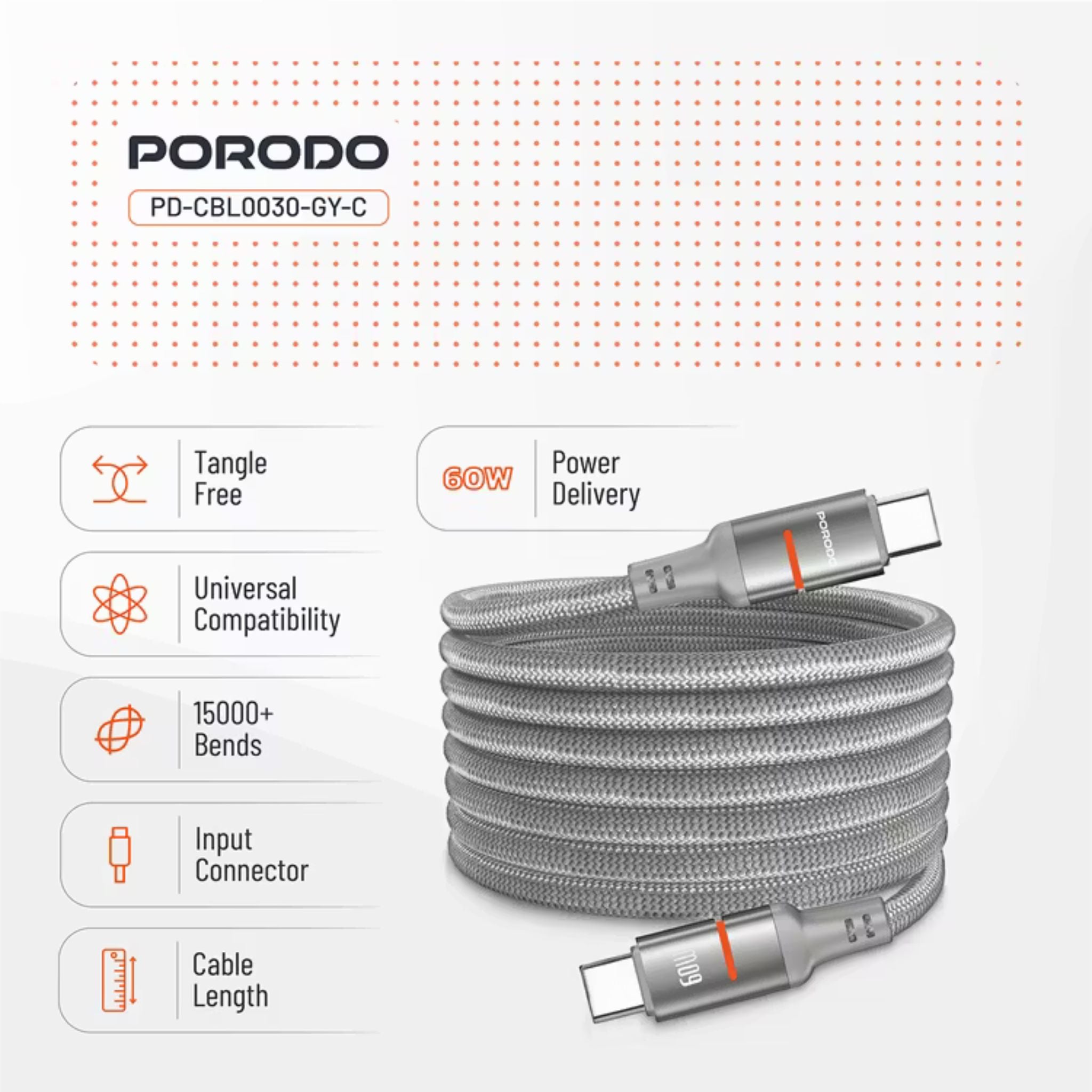 Porodo Type-C to Type-C Magnetic Braided Cable with 30W Power Delivery, 1.2m Cable Length, More than 15,000 Bends Lifespan, Tangle-Free Design - Gray
