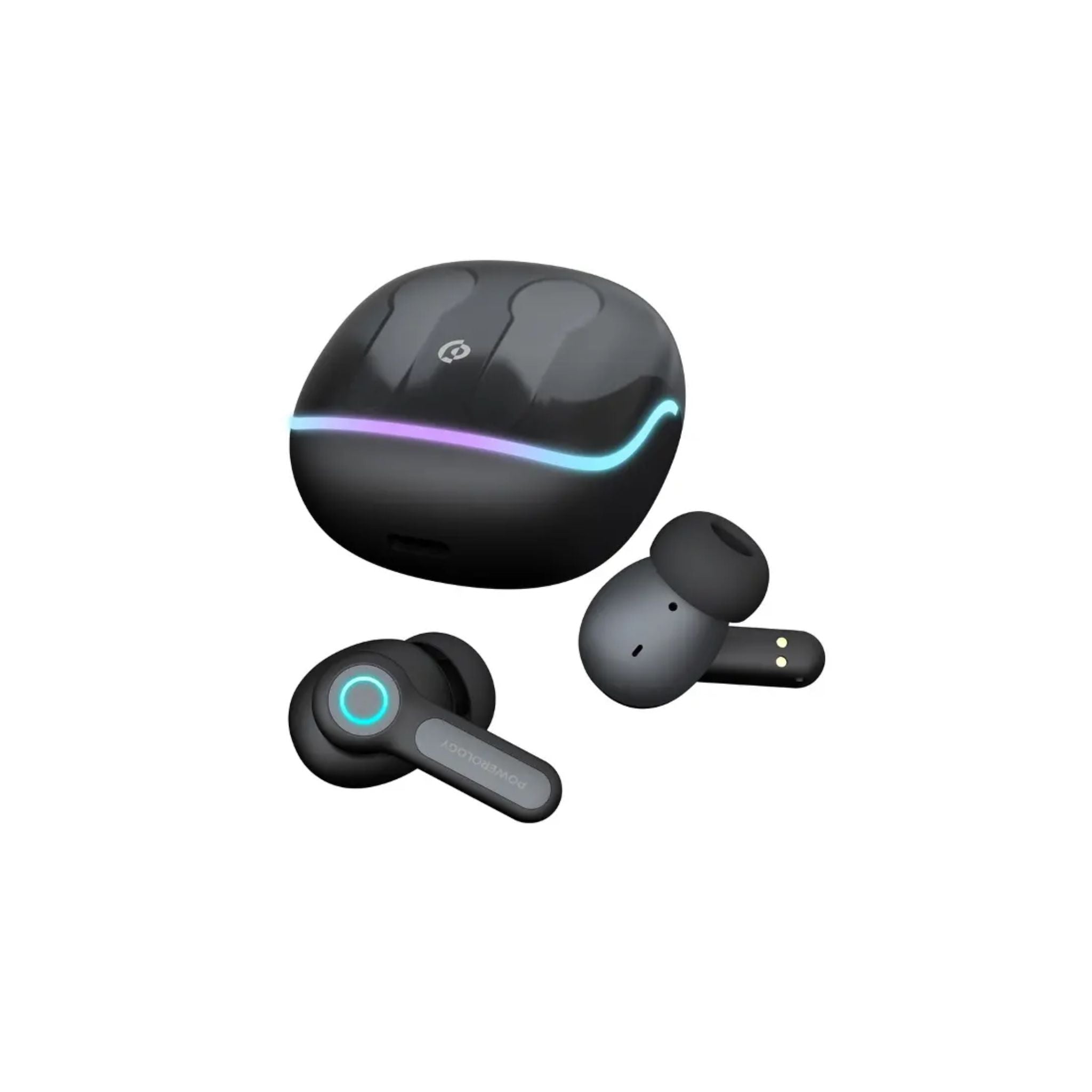 Powerology Quad Mic ENC True Wireless Earbuds, 6h Playtime, Bluetooth 5.3, Type-C Charging, 10m Transmission Distance, RGB Lights - Black