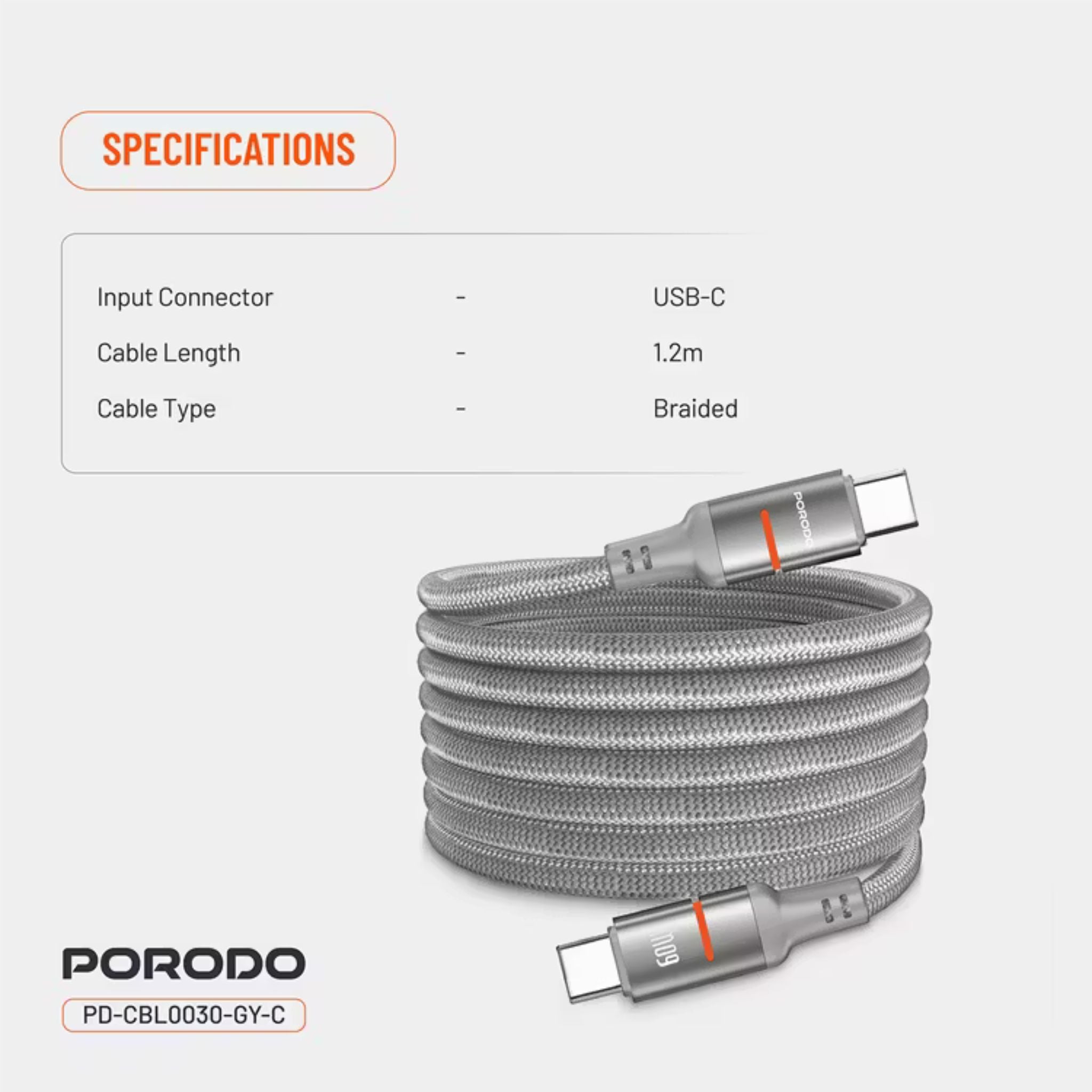 Porodo Type-C to Type-C Magnetic Braided Cable with 30W Power Delivery, 1.2m Cable Length, More than 15,000 Bends Lifespan, Tangle-Free Design - Gray