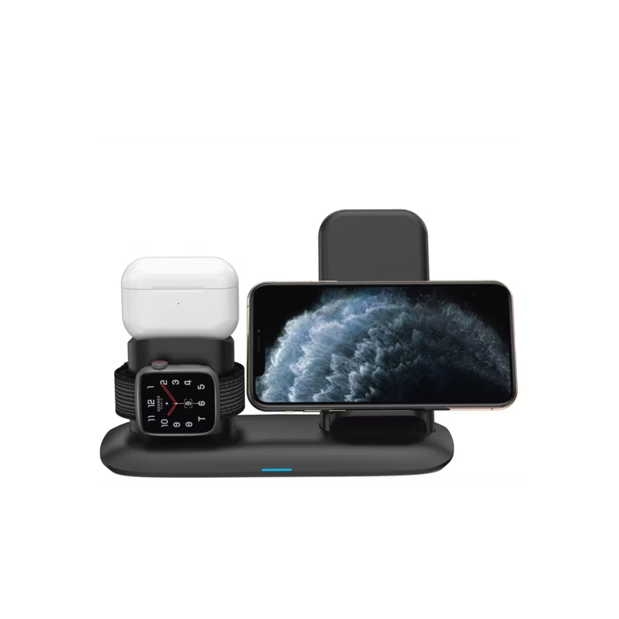 Porodo 4-in-1 Charging Station with Built-in Lightning Connector, Magnetic Charging for AirPods & Smartwatches, 10W Phone Output, 2W Watch Charger Output, Qi Standard - Black