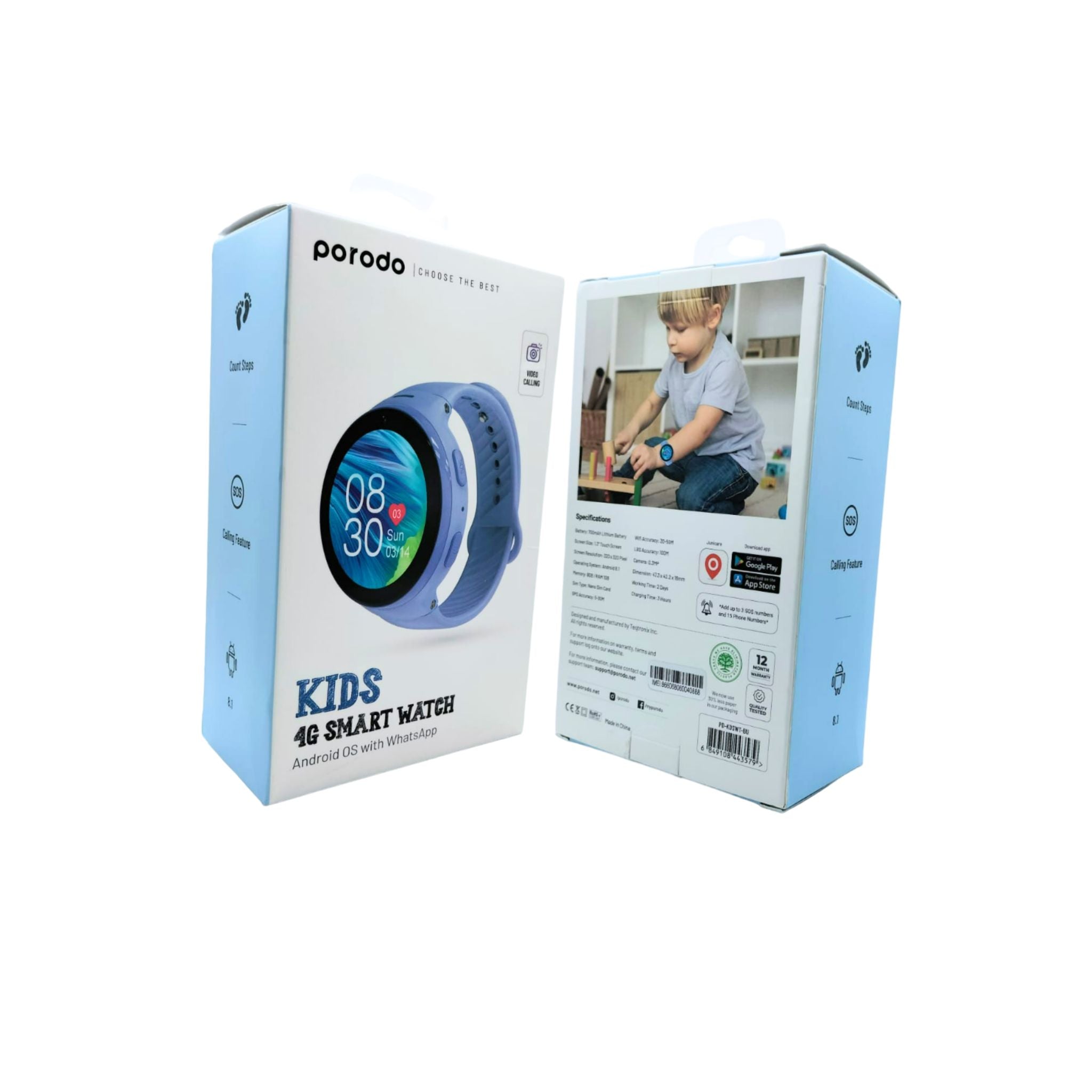 Porodo Kids 4G Smartwatch with Android OS, 1.3" touch screen (320×320), WhatsApp, video calling, SOS, nano SIM slot, 700mAh battery, 3hr charge, 2-day use, IP67 water resistance—smart safety and fun in one-Blue