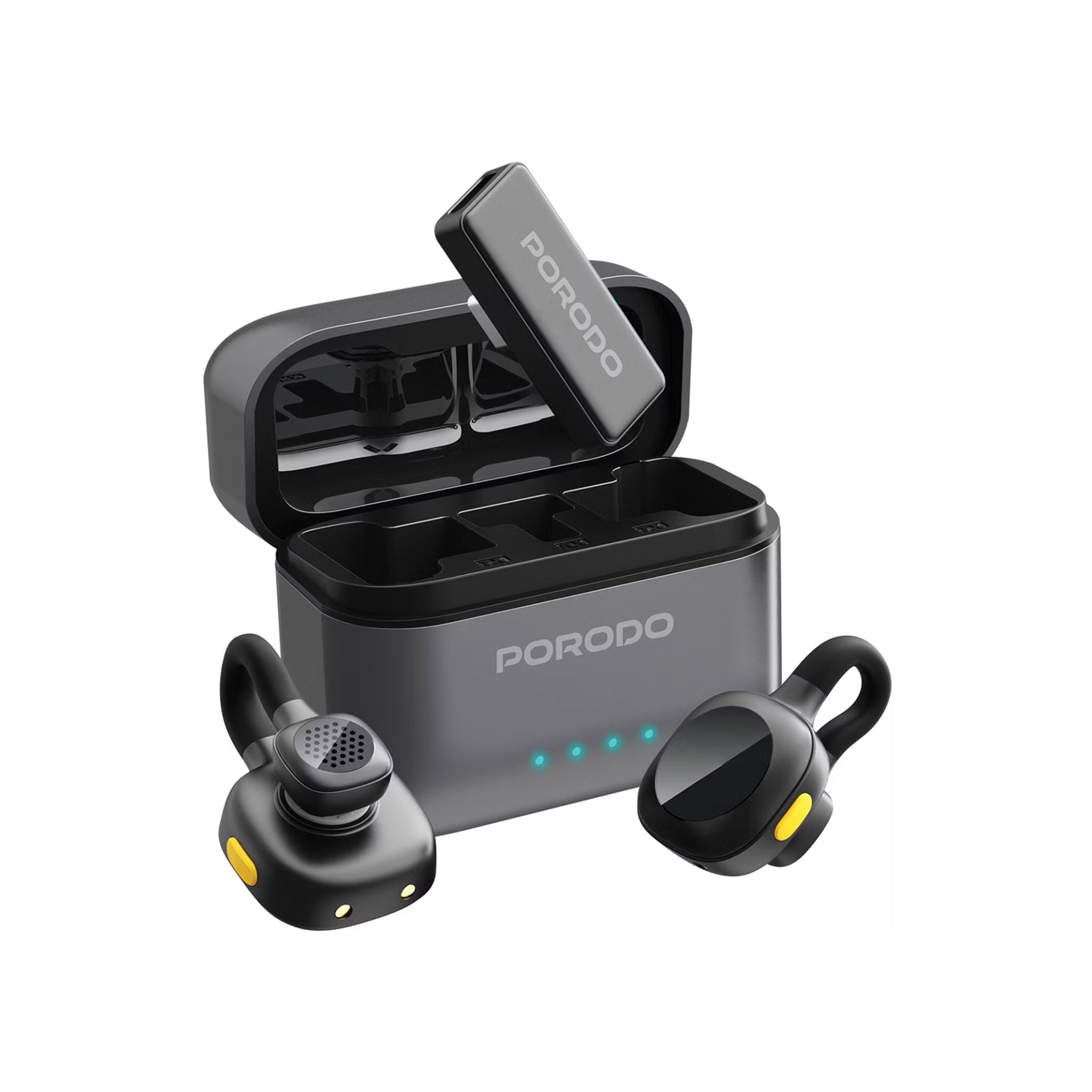 Porodo Movo Dual Lavalier Microphones – Type-C Connector, Precise Reverb, 1h Fast Charging, Up to 5h Use, 650mAh Charging Case, 55mAh Mic Battery, 15–20m Transmission, Crystal-Clear Audio, Auto-Pairing & Instant Wireless Setup – Black