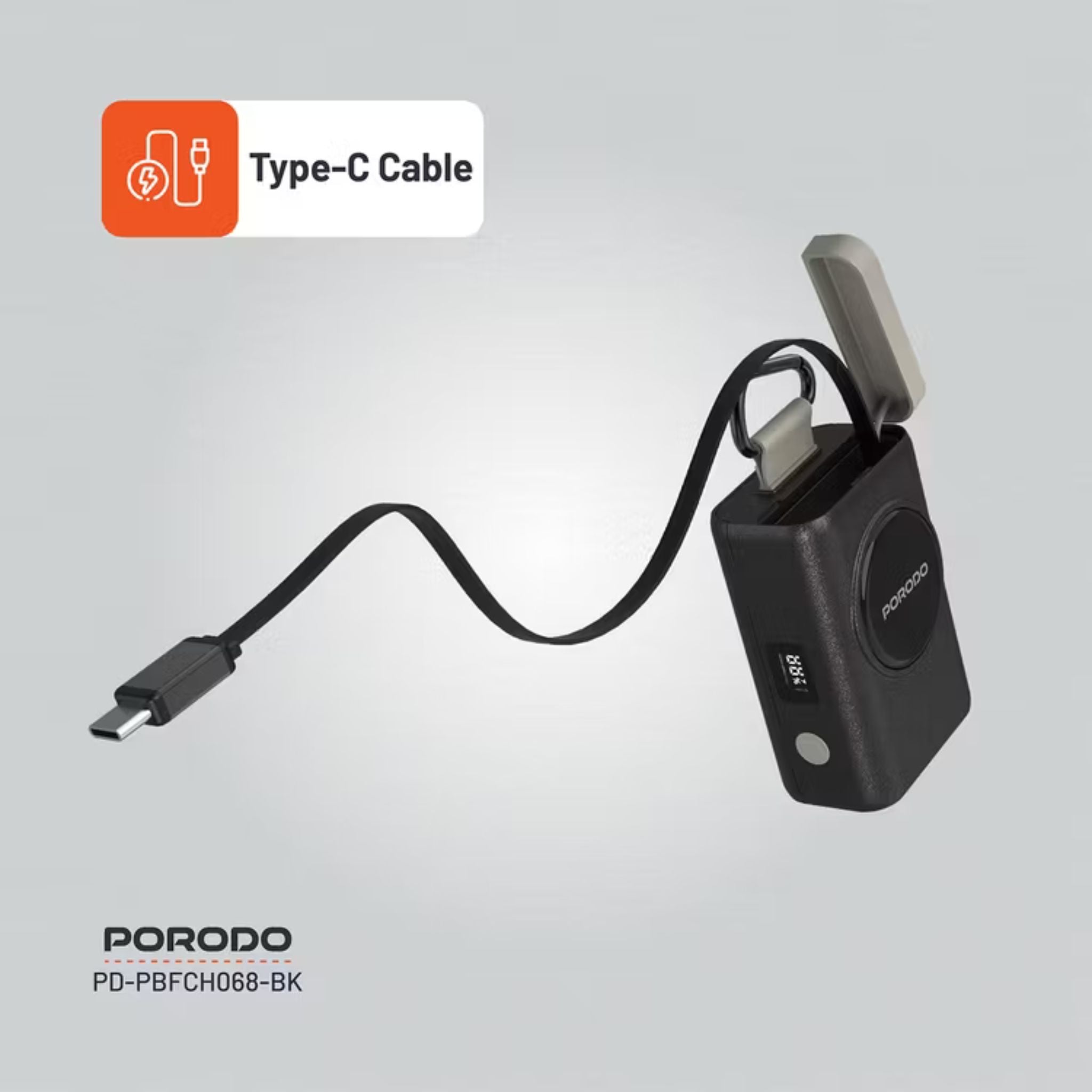 Porodo 10000mAh Power Bank with 70cm Retractable Type-C Cable, 45W Power Delivery, Built-in Safeguards, Digital Display, 0-40°C Operating Temperature - Black