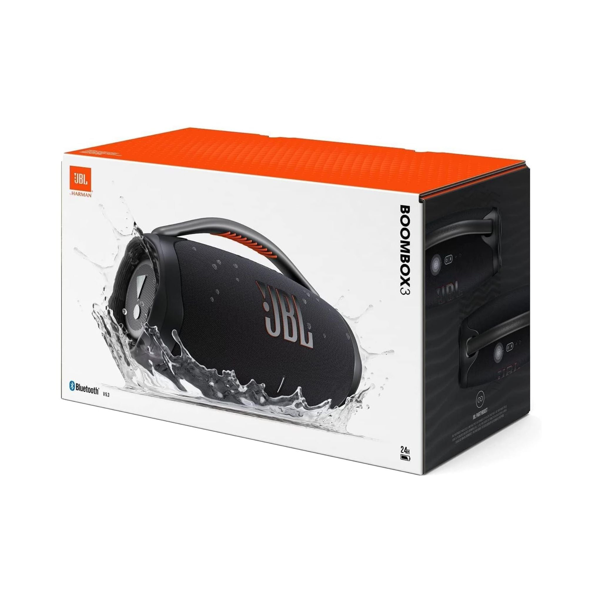 JBL Boombox 3 Portable Bluetooth Speaker, 3-Way Speaker, Metal Carry Handle with Silicone Grips, 1x Woofer, 2x Midrange & 2x Tweeters, Up to 24H of Playback, Pair Up to 2 Devices-Black