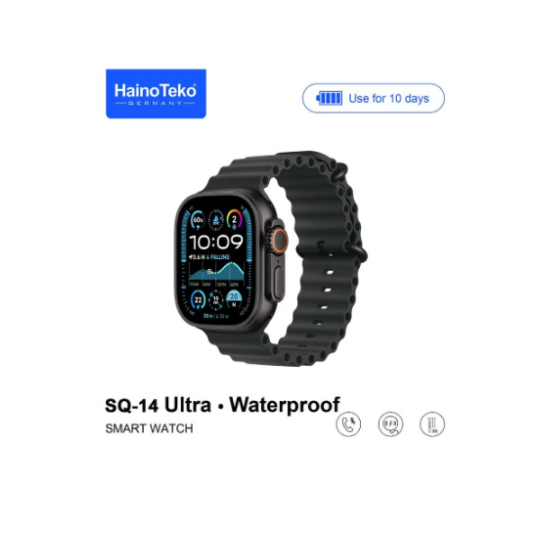 Haino Teko SQ-14 Ultra Waterproof Smartwatch with Large Screen AMOLED Display 10-Day Battery Life and 3 Pair Straps Designed For Ladies and Gents - Black